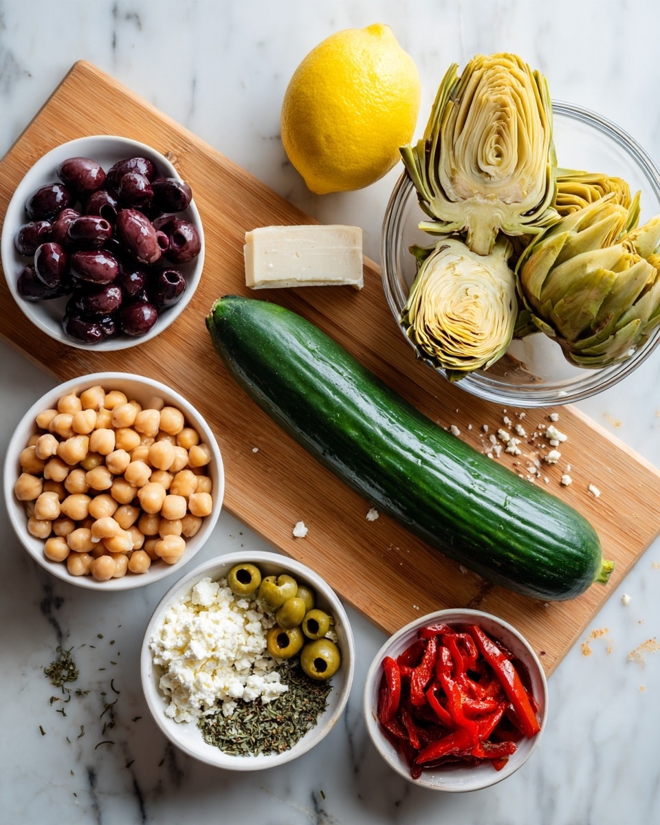A long, dark green cucumber lies diagonally on a light wooden cutting board with a small block of crumbled white cheese next to it, some cheese scattered around. Around the cutting board on a white marbled surface, there are four small white bowls: one filled with dark purple olives, one with light beige chickpeas, one with green dried herbs, and one with bright red roasted pepper strips. A whole, bright yellow lemon is placed above the cutting board, near a transparent bowl filled with pale yellow artichoke hearts. Photo taken with an iphone --ar 4:5 --v 7