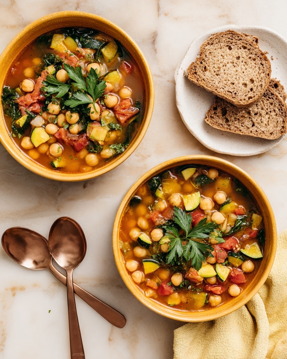 Two orange bowls filled with chickpea stew sit on a white marbled surface. Each bowl has layers of light beige chickpeas, green leaves, chunks of light yellow zucchini, and red tomato pieces mixed in a thin broth. The stew is topped with a small bunch of fresh green parsley in the center. Next to the bowls, there is a small white dish holding three slices of brown whole grain bread. Two copper spoons lie side by side near the bowls, and a pale yellow cloth is partially visible on the right side. Photo taken with an iphone --ar 4:5 --v 7