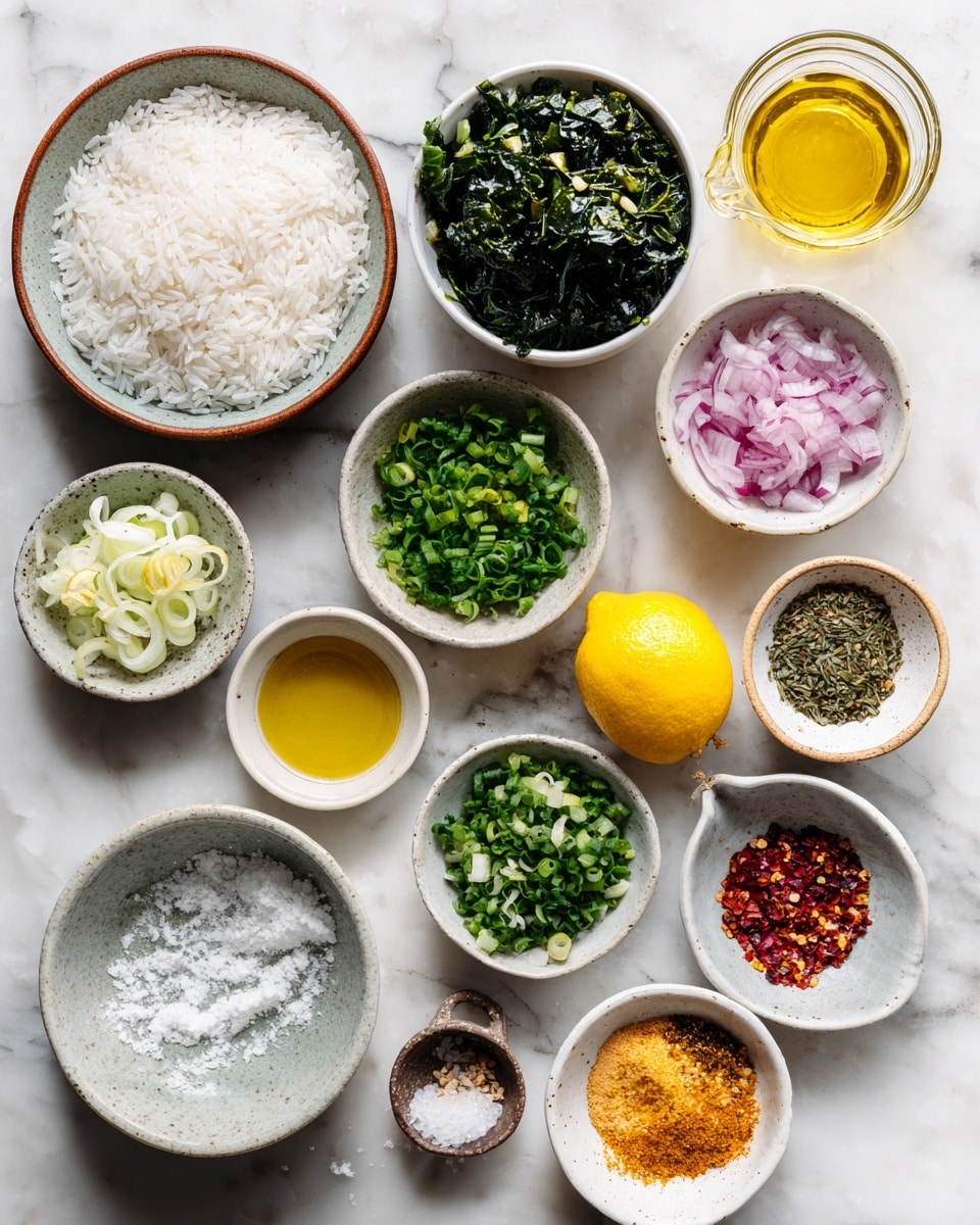 The image shows a top-down view of multiple small white bowls and glass containers arranged in a loose grid on a white marbled surface. The items include a bowl of uncooked white rice with a brown rim on the bottom left, a bowl of dark green chopped cooked greens near the center left, and a bowl of fresh finely chopped green onions in the center. Around these are smaller bowls with fresh green herbs, crumbled white cheese, thinly sliced pink onions, whole and halved bright yellow lemons, a small dish of red chili flakes, a measuring cup with clear water, a glass bowl with golden olive oil, a small bowl of light brown pepper, a bowl with dark orange red spice, and a small dish with coarse salt. The colors range from white, green, yellow, and pink to earthy tones, all placed neatly on the white marbled surface with soft natural lighting. photo taken with an iphone --ar 4:5 --v 7