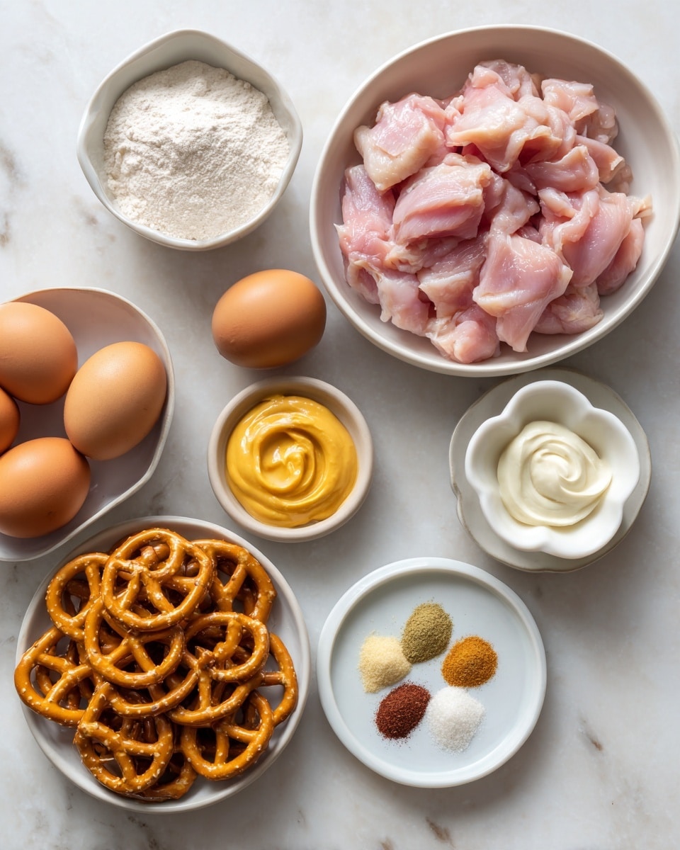 The image shows several small white bowls and plates arranged on a white marbled surface. The largest white bowl is filled with raw pink chicken pieces. To the right, a small white bowl holds a white powdery ingredient, and below it, a small white plate has three small piles of seasonings in light yellow, white, and dark brown colors. Near the bottom right, a white dish shaped like a flower contains a yellow mustard-like sauce. In the bottom center, a white bowl is filled with golden brown pretzels. To the left, two brown eggs sit next to a small white bowl of orange-yellow mustard and another small white bowl of white mayonnaise. The arrangement creates a neat, clean presentation of ingredients. photo taken with an iphone --ar 4:5 --v 7