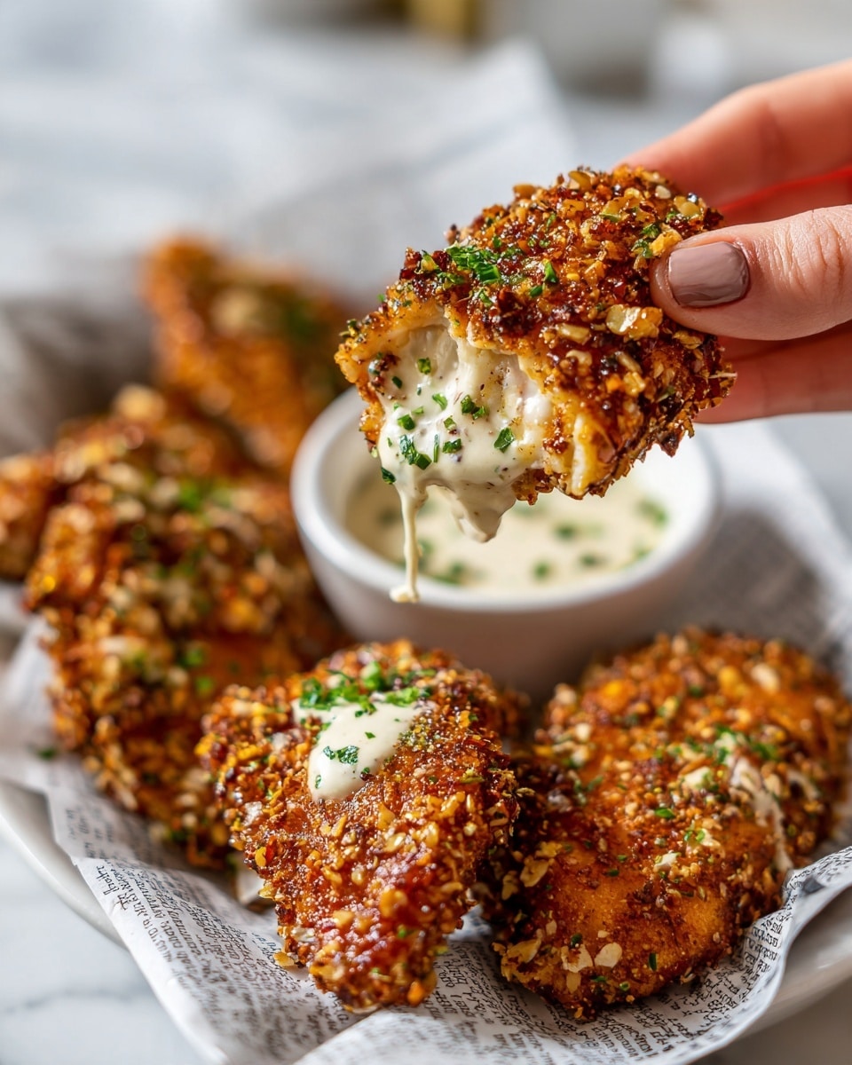 A close-up of a woman's hand holding a piece of crispy, golden-brown coated chicken covered in a crunchy nutty layer with small green herb bits sprinkled on top. The upper half of the chicken piece is dipped in a creamy, white sauce with visible small green herb pieces. In the background, several similar coated chicken pieces rest on white plate lined with newspaper, all placed on a white marbled surface. The focus is on the dipped piece, showing detailed texture of the nuts and sauce photo taken with an iphone --ar 4:5 --v 7