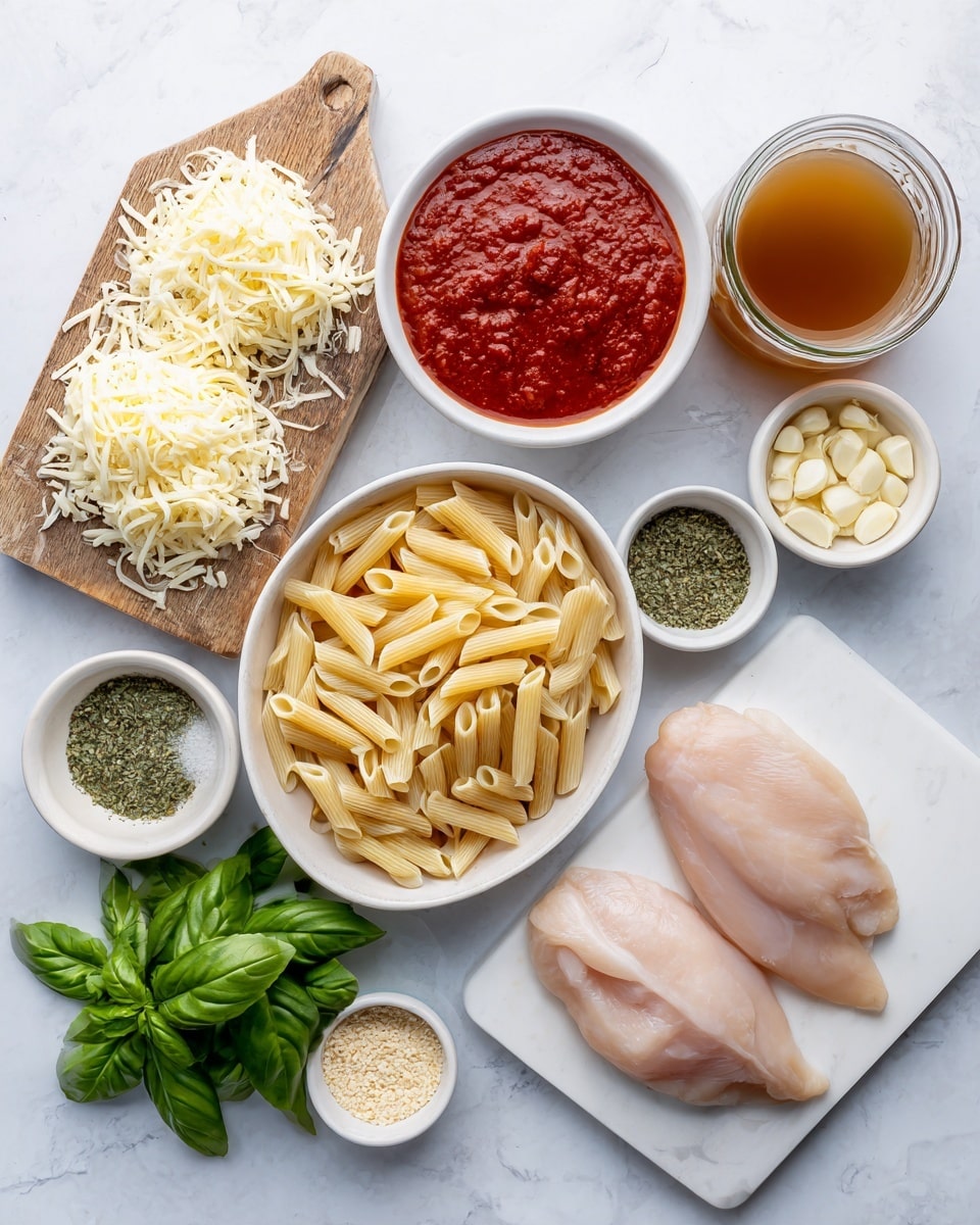 The image shows neatly arranged ingredients on a white marbled surface. At the top left, a wooden board holds two piles of shredded cheese. Next to it, a white bowl filled with thick red tomato sauce occupies the center top. To the right, a tall glass jar contains light brown broth. Below the sauce bowl, a white bowl is filled with uncooked penne pasta. To the right of the pasta, two raw chicken breasts lie on a white marbled cutting board. Small white bowls with minced garlic and salt sit near the broth and chicken. At the bottom left corner, fresh green basil leaves, a small cup of olive oil, a bowl of breadcrumbs, and a small cup of herbs complete the layout. Photo taken with an iphone --ar 4:5 --v 7