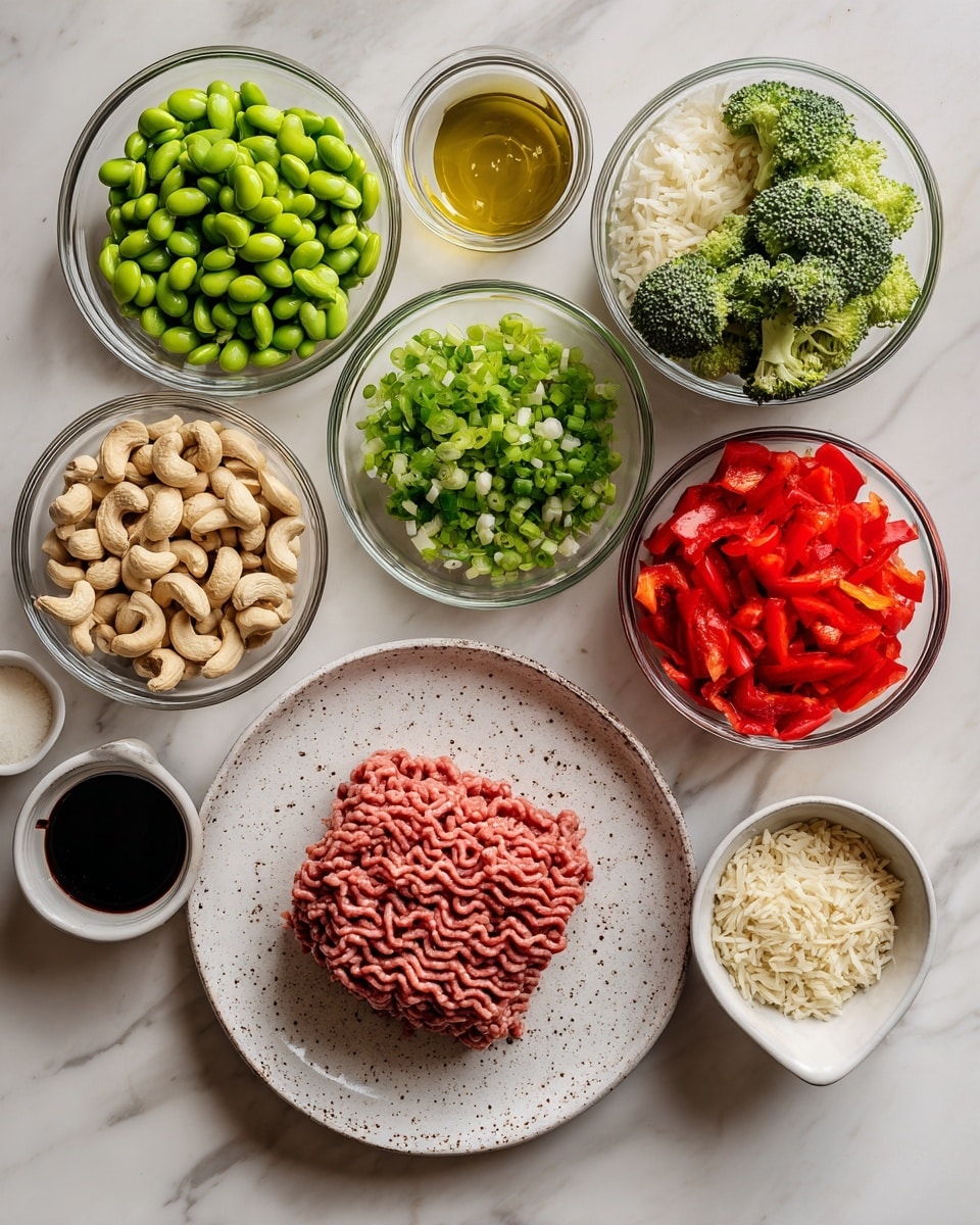 The image shows a top-down view of various cooking ingredients neatly arranged on a white marbled surface. In the center, there is a single layer of pink ground meat with a wavy texture on a round white speckled plate. Surrounding it are clear glass bowls filled with bright green edamame, chopped green onions, olive oil, white rice, chopped broccoli with stems, red bell peppers diced into small cubes, cashew nuts, dark soy sauce, a small amount of minced garlic, light-colored grated ginger on a small white dish, a dark thick sauce in a small bowl, and a small bowl of clear liquid. All the ingredients are spaced evenly, creating a balanced visual layout. Photo taken with an iphone --ar 4:5 --v 7