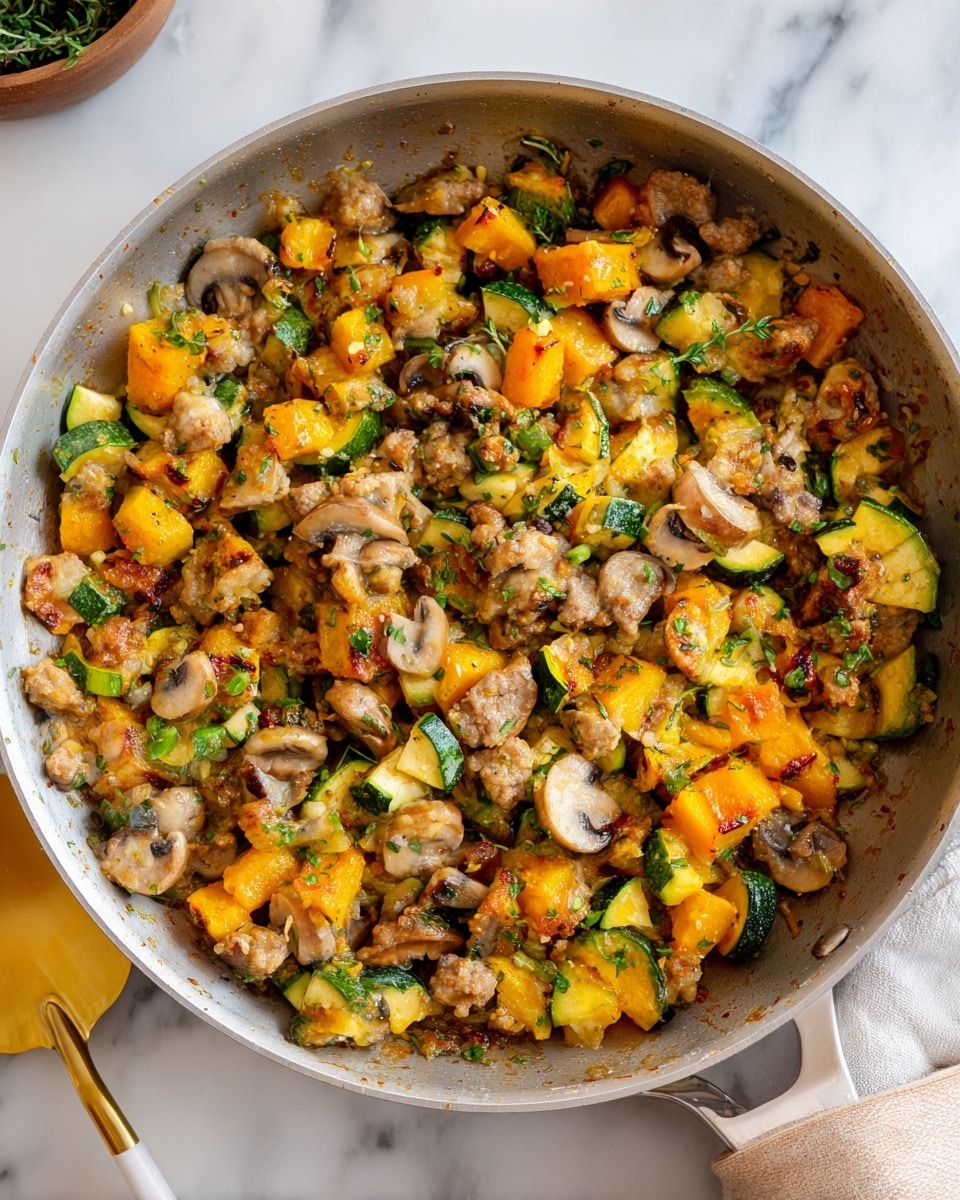 A light gray pan filled with a cooked mix of four main layers: bright orange chunks of squash, light brown slices of mushroom, soft beige strips of cooked meat, and small green pieces of zucchini and herbs, all blending together with a slightly oily texture. The pan is placed on a white marbled surface, with a small part of a gold and white utensil visible on the side. The dish looks warm and richly seasoned. photo taken with an iphone --ar 4:5 --v 7