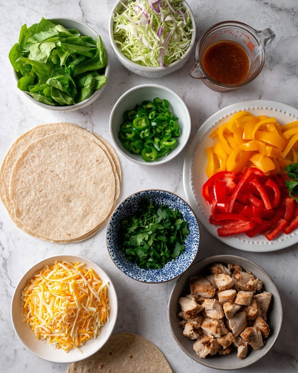 The image shows a white marbled surface with various white bowls and plates arranged around two whole wheat tortillas. Starting clockwise from the top, there is a white bowl filled with shredded green, white, orange, and purple vegetables. Next to it is a glass measuring cup containing a reddish-brown sauce. Below this, a white bowl holds chopped green onions. On the right, a white plate contains sliced red tomatoes and yellow peppers. Below this plate, a gray bowl is filled with chopped fresh green cilantro. At the bottom center, a white bowl holds pieces of cooked, seasoned chicken with a light brown sear. Above it, a blue patterned bowl contains a mix of shredded yellow and white cheese. To the left, a white bowl has chopped leafy green lettuce. Two whole wheat tortillas lie flat on the white marbled surface beneath these bowls. The whole set up looks clean and organized for making tacos or wraps photo taken with an iphone --ar 4:5 --v 7