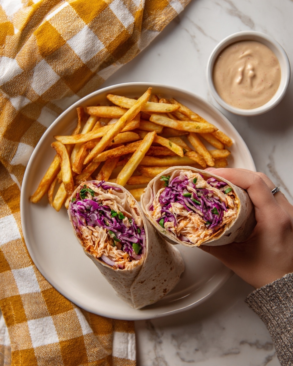 The image shows a white plate on a white marbled surface with two halves of a wrap placed side by side, each cut to show three main layers: a soft, light brown tortilla on the outside, a middle layer of shredded purple cabbage, and a filling of finely shredded light orange chicken mixed with small bits of white and green herbs; behind the wrap halves are thick golden fries scattered casually and a small white bowl filled with creamy light brown dipping sauce; the scene is warm and cozy with a woman's hand gently holding one half of the wrap, and the setup rests on a yellow and white checkered cloth. photo taken with an iphone --ar 4:5 --v 7