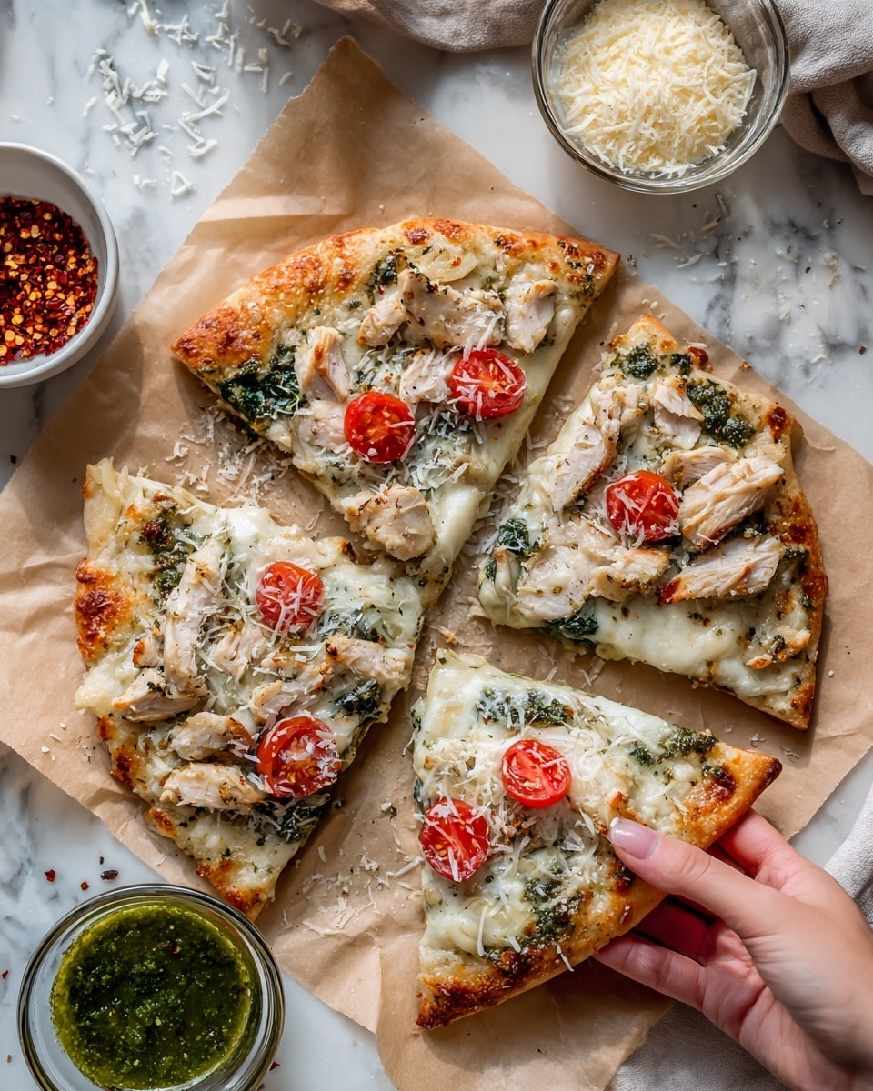The image shows three triangular pizza slices arranged next to each other on a light brown parchment paper, set on a white marbled surface. Each pizza slice has a golden-brown crust with a layer of melted white cheese covering most of the base. On top of the cheese, there are pieces of cooked light brown chicken scattered unevenly, and round slices of fresh red tomato placed near the center of each slice. Some finely grated light yellow cheese is sprinkled on top of the slices. To the right side, there are two small transparent bowls, one filled with green pesto sauce and the other with grated cheese, and on the left side, there is a bowl with red chili flakes. A woman's hand is reaching from the top, holding one slice of pizza. photo taken with an iphone --ar 4:5 --v 7