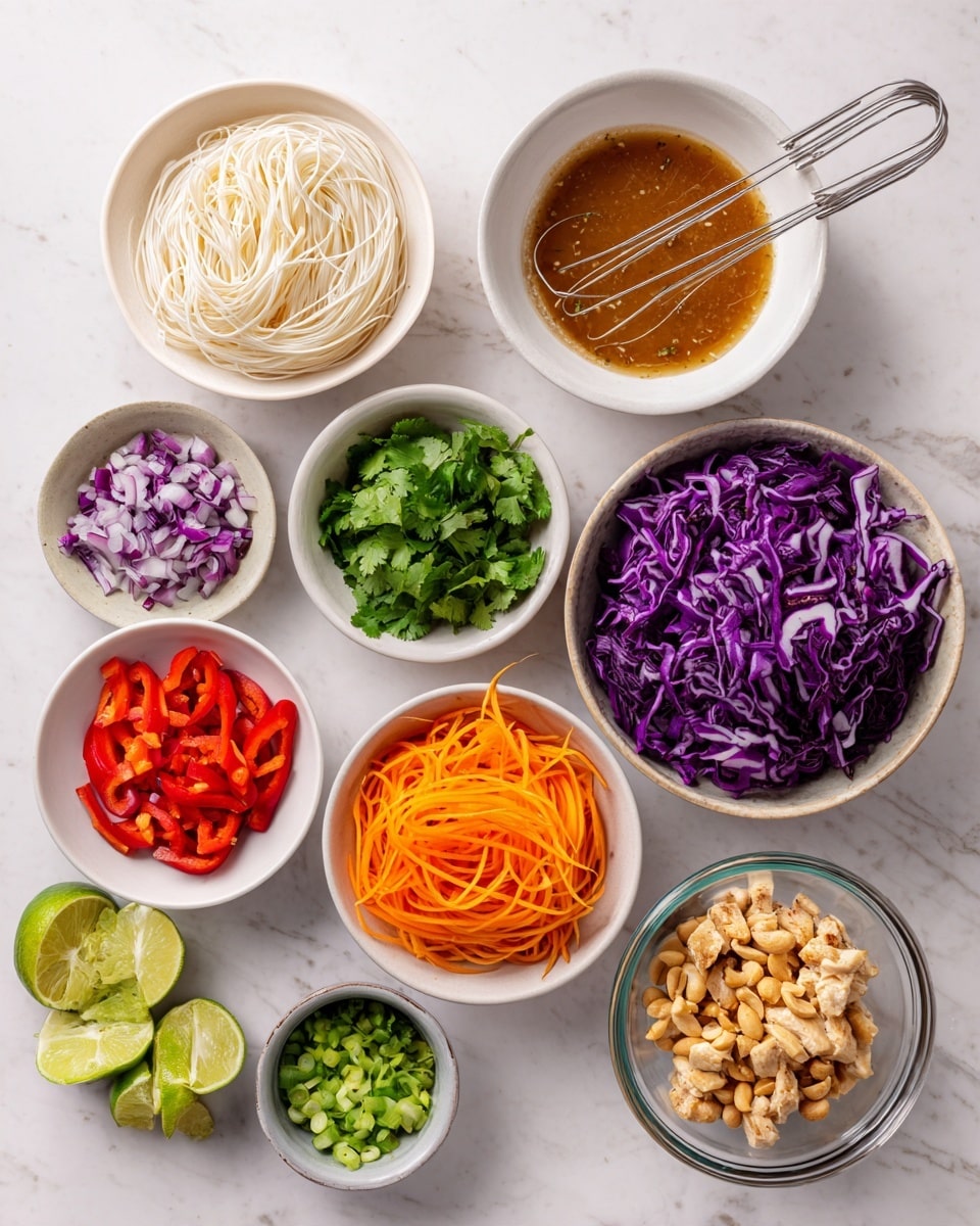 The image shows eleven bowls arranged on a white marbled surface. In the top left, there is a white bowl with thin pale noodles. Next to it is a small white bowl filled with light brown peanuts. Beside the peanuts, a larger white bowl holds a light brown sauce mixed with a whisk. Below the noodles, a medium white bowl contains chopped purple cabbage. To its right, a small white bowl holds green cilantro leaves. Next is a medium white bowl filled with bright orange shredded carrots. Below the purple cabbage is a small white bowl with chopped red bell peppers. To its left is a small white bowl with chopped green onions. Finally, at the bottom right, a medium clear bowl holds chopped light brown grilled chicken. There are also two lime wedges near the bowls. The setup is neat and colorful, photo taken with an iphone --ar 4:5 --v 7