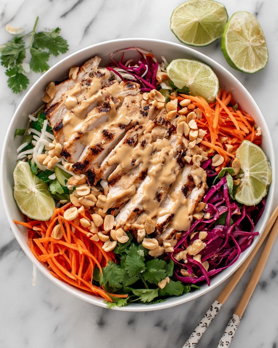 A white bowl filled with sliced grilled chicken arranged in a neat layer on one side, topped with a creamy peanut sauce that spreads unevenly over the meat. Beneath and around the chicken are colorful shredded vegetables including orange carrots, red cabbage, and green celery, creating a vibrant base layer. Chopped peanuts are scattered generously over the dish, adding a crunchy texture on the top. Fresh green cilantro leaves are sprinkled around for garnish, and two lime wedges rest on the edge of the bowl. The bowl sits on a white marbled surface, with a pair of chopsticks decorated with white flowers resting alongside it. Photo taken with an iphone --ar 4:5 --v 7