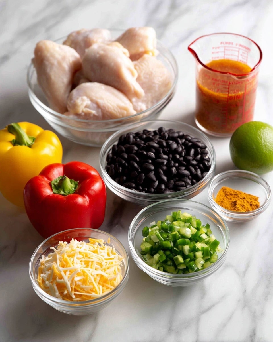 A collection of raw ingredients arranged on a white marbled surface, featuring a large clear glass bowl filled with several pale yellow pieces of raw chicken at the back left. Next to it, a medium clear glass bowl holds dark black beans. A clear glass measuring cup with red markings contains a bright red chunky sauce to the back right. In front of these, a whole green lime sits in the center, flanked by a smooth yellow bell pepper on the left and a red bell pepper on the right. In the front row, there is a small clear glass bowl filled with a shredded mix of white and yellow cheese on the left, a small clear glass bowl of chopped green peppers in the middle, and another small clear glass bowl with light orange powder spice on the right. photo taken with an iphone --ar 4:5 --v 7