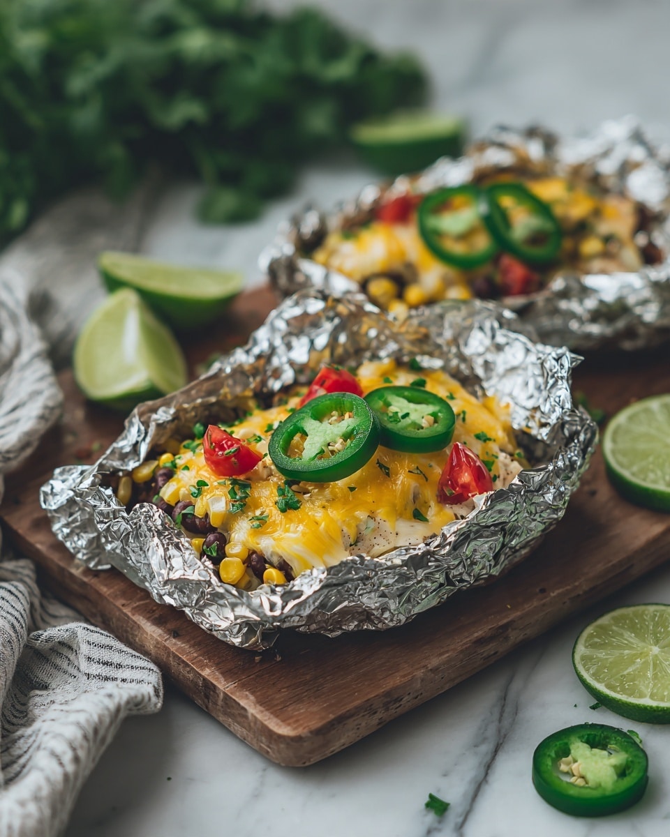 The image shows a foil packet filled with layers of food, placed on a wooden board over a white marbled surface. The bottom layer has black beans and corn mixed together, with some pieces of grilled chicken underneath. On top, there is melted yellow cheddar cheese covering the center, with green slices of jalapeño peppers laid over the cheese. Around the edges, there are small pieces of red cherry tomato wedges and some chopped green herbs scattered for garnish. The foil edges are crumpled up around the food, showing a shiny texture. Nearby, there are green corn slices and lime wedges, with a striped cloth and fresh cilantro in the blurred background. Photo taken with an iphone --ar 4:5 --v 7