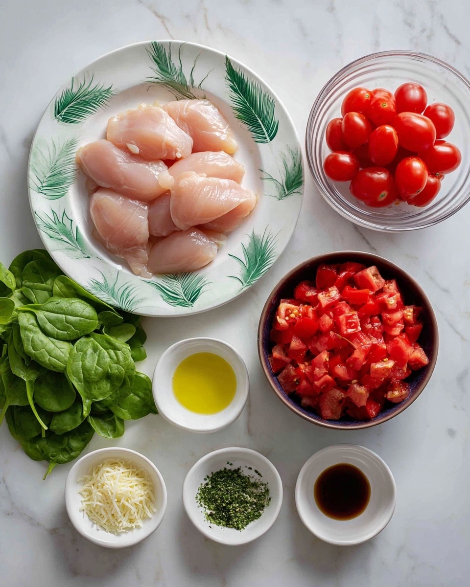 The image shows several ingredients arranged neatly on a white marbled surface. At the top center, there is a white plate with a green leaf pattern holding several light pink raw chicken pieces layered on top of each other. To the right, a clear glass bowl full of bright red cherry tomatoes is visible next to a dark brown bowl filled with chunky red diced tomatoes. At the bottom, there are five small white bowls containing various ingredients: shredded pale yellow cheese, white granulated salt, clear light yellow liquid, dark brown balsamic vinegar with droplets of oil, and finely chopped green herbs mixed with black pepper. On the far right, another small white bowl holds a pile of finely chopped garlic. Additionally, fresh green spinach leaves lie on the left side of the plate. The setup is bright and clean, highlighting the freshness of each item. photo taken with an iphone --ar 4:5 --v 7