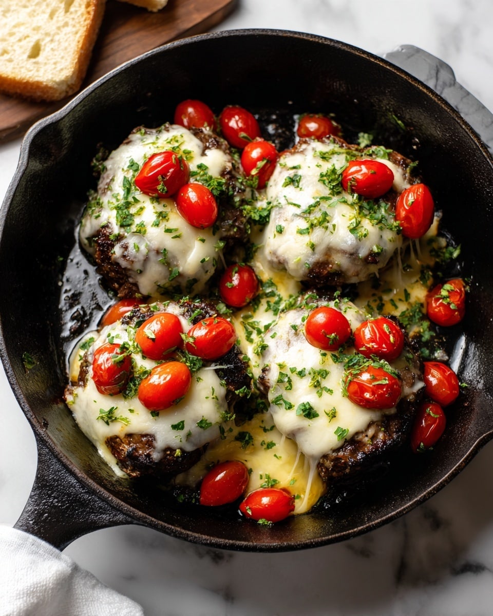 The image shows a black cast iron pan filled with four cooked pieces of meat, each covered with melted white cheese. On top of the cheese are bright red chopped cherry tomatoes scattered evenly across the pieces. Small green chopped herbs are sprinkled over the tomatoes and cheese, adding color contrast. The cheese appears slightly stretchy between two pieces, showing a soft texture. The pan is on a white marbled surface, and a piece of light bread is partially visible in the top left corner. photo taken with an iphone --ar 4:5 --v 7