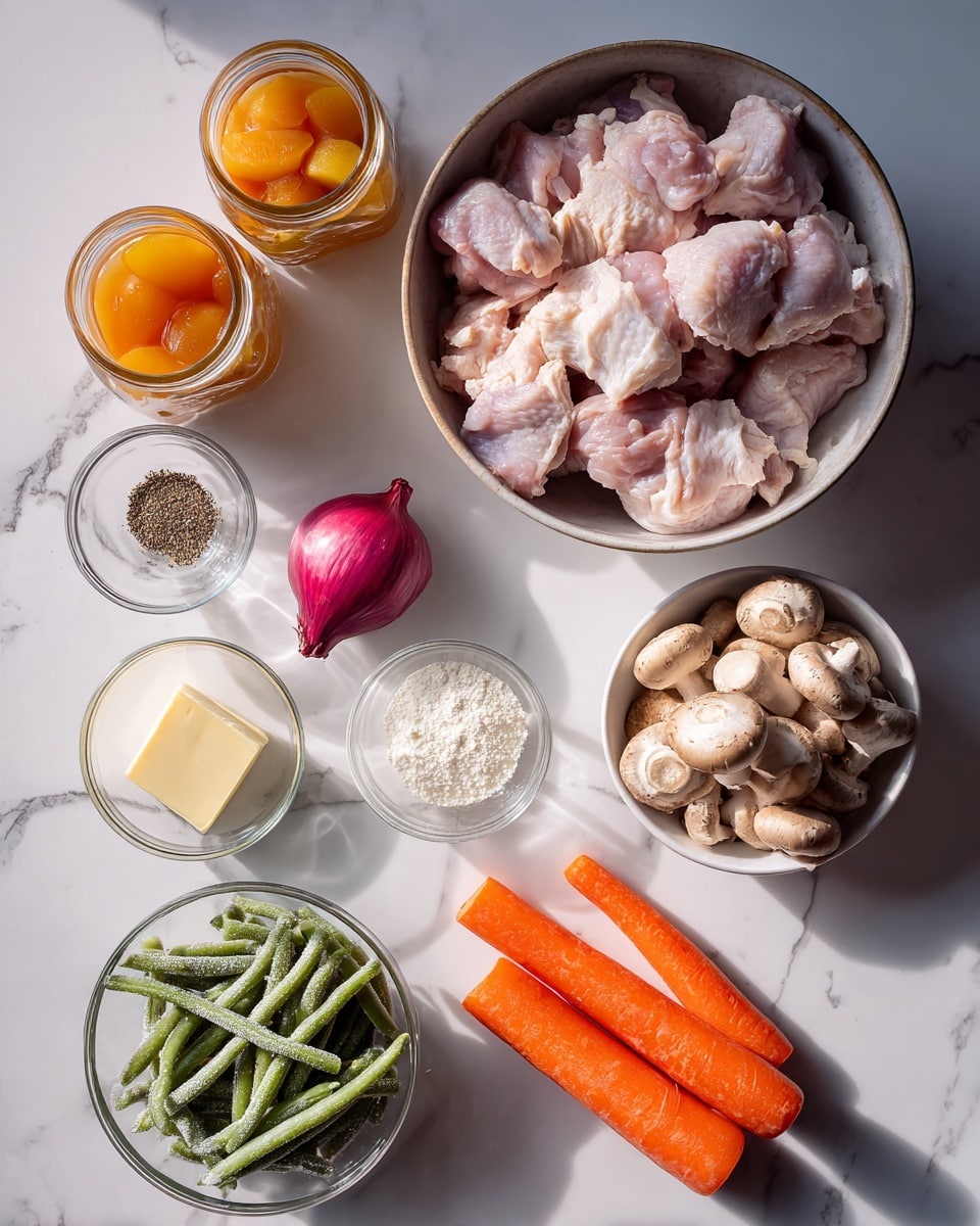 A round bowl filled with raw light pink chicken pieces sits in the center on a white marbled surface. To the left, two glass jars hold smooth orange-colored liquids, one with whole canned peaches inside. Below the jars are small glass bowls containing coarse white salt mixed with black pepper, a pale yellow powder, and white flour. A small square of pale yellow butter, two garlic cloves, and a red onion with roots intact lie nearby. On the right side, a clear glass bowl is filled with frozen green beans with visible frost, and next to it are two bright orange carrots. At the bottom right, a white bowl holds light brown mushrooms. The entire setup is neatly arranged with natural lighting. photo taken with an iphone --ar 4:5 --v 7