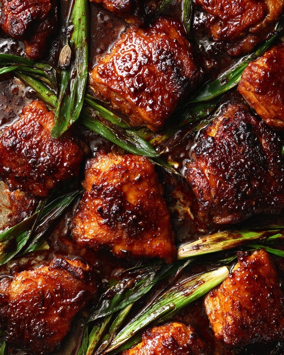 The image shows cooked pieces of chicken glazed with a shiny, dark brown sauce, spread evenly across a textured cooking surface. The chicken pieces vary in size and shape, each with a caramelized, slightly charred look on top. Mixed among the chicken are several dark green stalks of what appears to be garlic or green onions, adding contrast with their long, slender shapes. The rich sauce coating the chicken reflects light, making the dish look moist and flavorful. The background is a white marbled texture. photo taken with an iphone --ar 4:5 --v 7