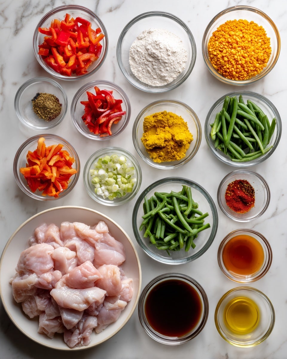 The image shows many clear glass bowls arranged neatly on a white marbled surface, each containing different cooking ingredients. In the center, a white plate holds chopped red bell peppers and cut green beans. Below the plate, a large bowl contains raw pale pink chicken pieces. Surrounding these are smaller bowls with diverse items: white flour, thinly sliced shallots, yellow lentils, bright yellow turmeric paste, chopped orange and red chilies, sliced green garlic, red chili flakes, black pepper, coarse salt, soy sauce, golden oil, light brown sauce, and a reddish sauce. Each bowl is clear glass, making the vibrant colors and textures of the ingredients easy to see. The composition is bright and clean, with a focus on the fresh, colorful ingredients. photo taken with an iphone --ar 4:5 --v 7