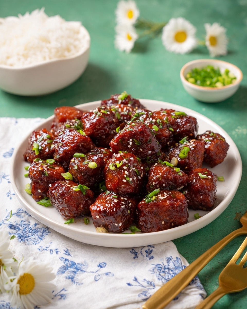 The image shows a white round plate filled with bite-sized pieces of cooked food that have a dark reddish-brown glaze, giving them a shiny look. The pieces are scattered with small green onion slices and light-colored sesame seeds. The plate rests on a green surface with a few white flowers on the side, and a white bowl with cooked rice and another small white bowl with chopped green onions are placed nearby. Two golden forks are placed on a white cloth with blue patterns on the right side. The photo taken with an iphone --ar 4:5 --v 7
