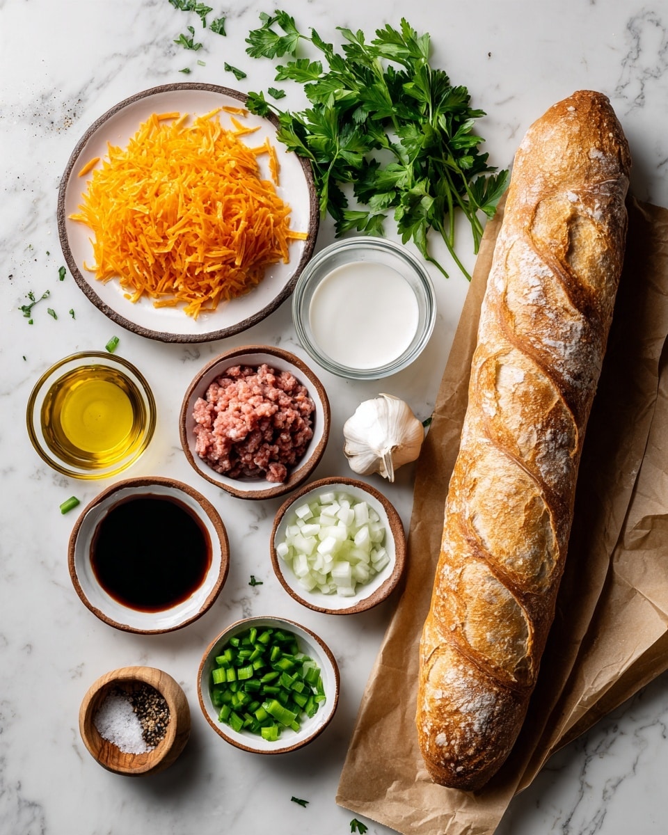 The image shows a long, crusty baguette on the right wrapped loosely in brown paper, lying on a white marbled surface. To the left are several small round white dishes with brown rims, placed neatly around a larger white plate with a brown edge that holds a heap of bright orange shredded cheese. The smaller bowls contain raw ground meat with a reddish-pink tone, small diced green celery, white chopped onion, white sauce, dark soy sauce, white liquid (likely milk), a glass bowl with clear oil, and a tiny wooden bowl with salt and pepper. Fresh green parsley lies on the far left side, adding a touch of greenery to the setup. photo taken with an iphone --ar 4:5 --v 7