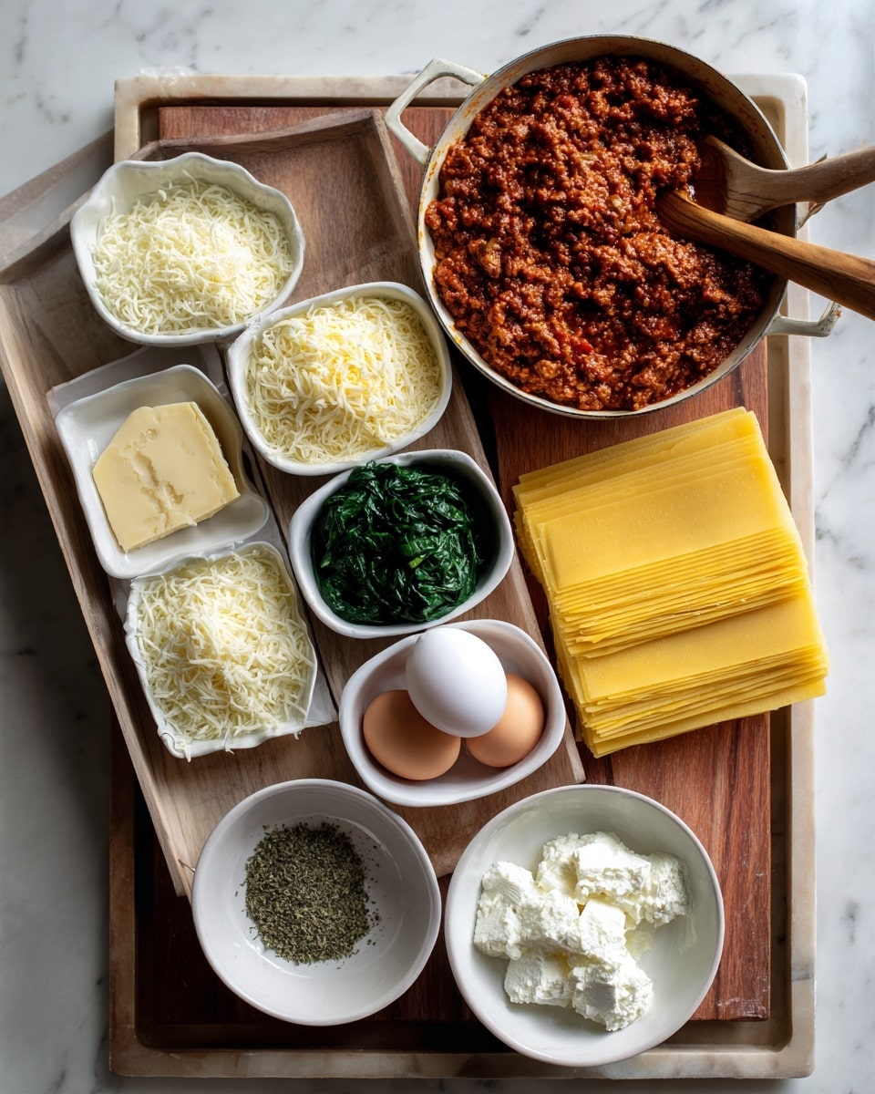 The image shows ingredients for making lasagna on a white tray and a pan of meat sauce on a wooden board. On the tray, there are six small white bowls: shredded cheese in one, white creamy cheese in another, green spinach in one bowl, grated cheese in a smaller bowl, two cracked eggs in another, and a bowl of white ricotta-like cheese. There is also a small bowl with dried herbs and a neat stack of yellow lasagna sheets placed beside the bowls. The pan on the right has thick, brown-red meat sauce with a wooden spoon inside it. The whole setup is placed on a white marbled surface. photo taken with an iphone --ar 4:5 --v 7