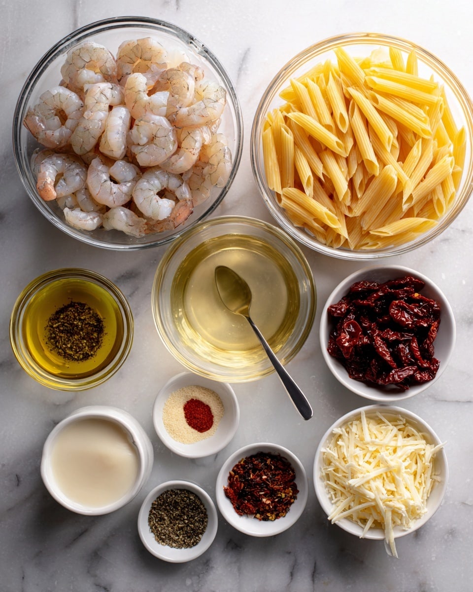 The image shows clear glass bowls filled with shiny raw shrimp on the left and dry yellow penne pasta in the center. To the right, a clear glass measuring cup holds light broth with a spoon inside. Three small white bowls are arranged along the bottom, containing golden olive oil, minced garlic, and a mix of red, black, and white spices. Above the spices, there is a small bowl with creamy white liquid, and next to it, a white bowl with dark red sun-dried tomatoes. On the far right, two small white bowls hold shredded white and light yellow cheese. All items are placed on a white marbled surface. photo taken with an iphone --ar 4:5 --v 7