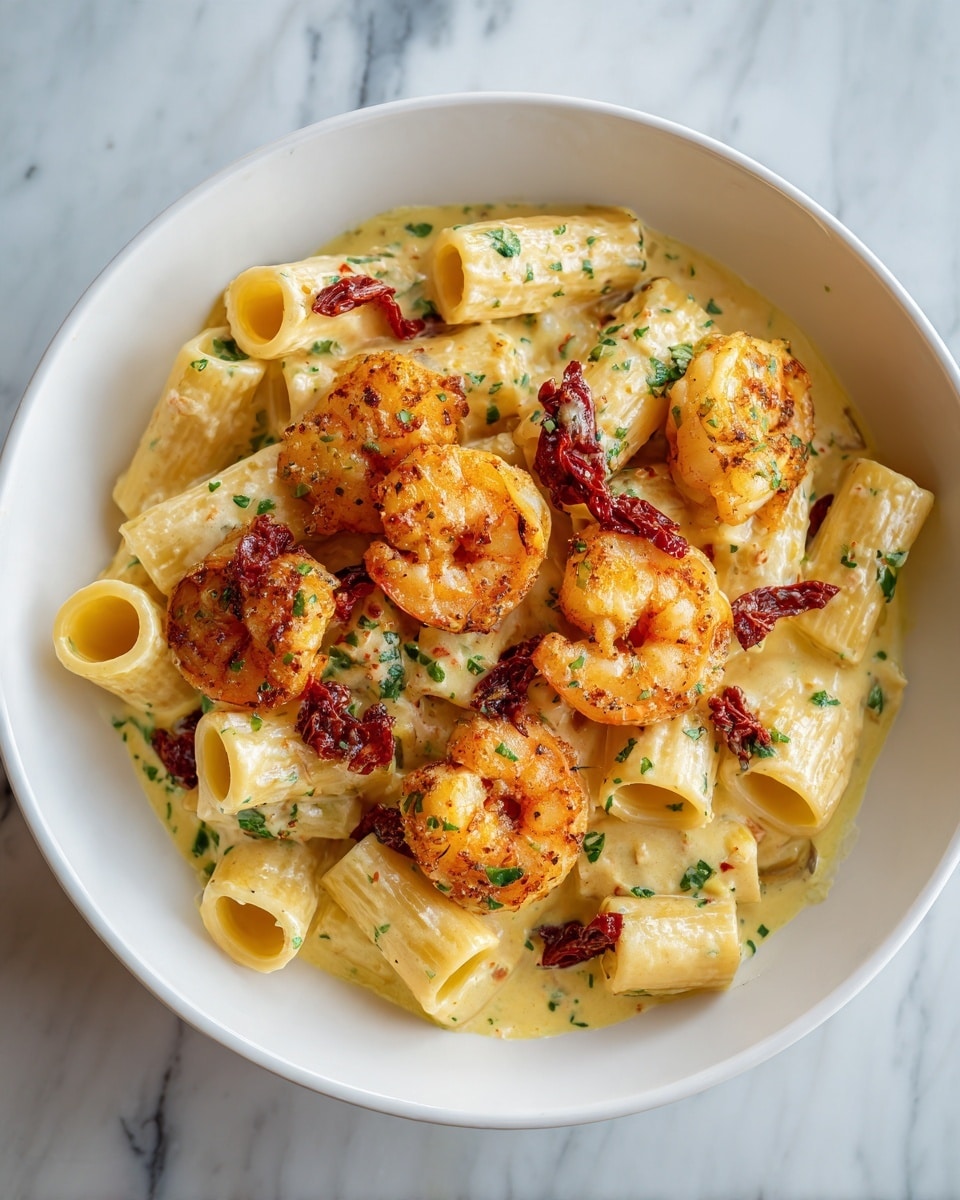 A white bowl filled with a creamy yellow sauce base, mixed with pale yellow tubular pasta scattered evenly. On top, there are seven bright orange shrimp with a slight shine, each curled and placed among red sun-dried tomato pieces. Small green herb specks are sprinkled throughout the dish. The bowl sits on a white marbled surface. Photo taken with an iphone --ar 4:5 --v 7