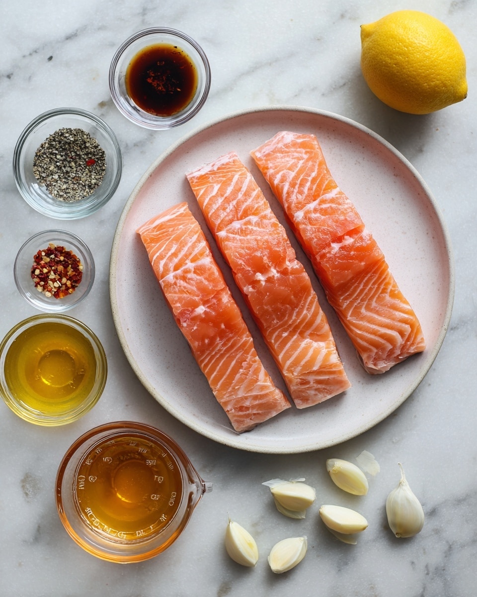 The image shows a white round plate with four fresh salmon fillets placed side by side, each with a light pink color and visible white lines of fat. Around the plate on a white marbled surface, there are several small glass bowls containing different ingredients: one with ground black pepper, one with salt, one with red pepper flakes, one with a golden liquid that looks like honey, and two small glass measuring cups with dark brown and light golden liquids. To the right, there are three peeled garlic cloves and a whole yellow lemon. All items are arranged neatly with soft natural lighting. photo taken with an iphone --ar 4:5 --v 7