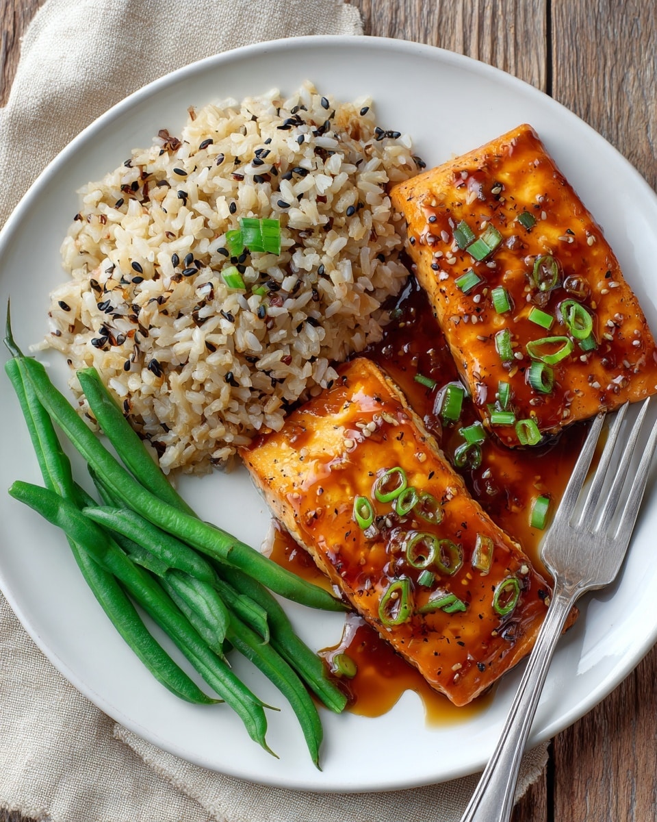 A white plate holds three main parts: on the right is a rectangular piece of glazed salmon, shiny with a rich orange-brown sauce and sprinkled with small slices of green onions on top; to the left of the salmon is a mound of light brown rice mixed with black sesame seeds, having a soft and slightly sticky texture; next to the rice on the left edge of the plate are several fresh green beans, smooth and vibrant green. The plate is set on a wooden surface with a beige cloth visible at the top. A silver fork is placed near the bottom right edge of the image. Photo taken with an iphone --ar 4:5 --v 7