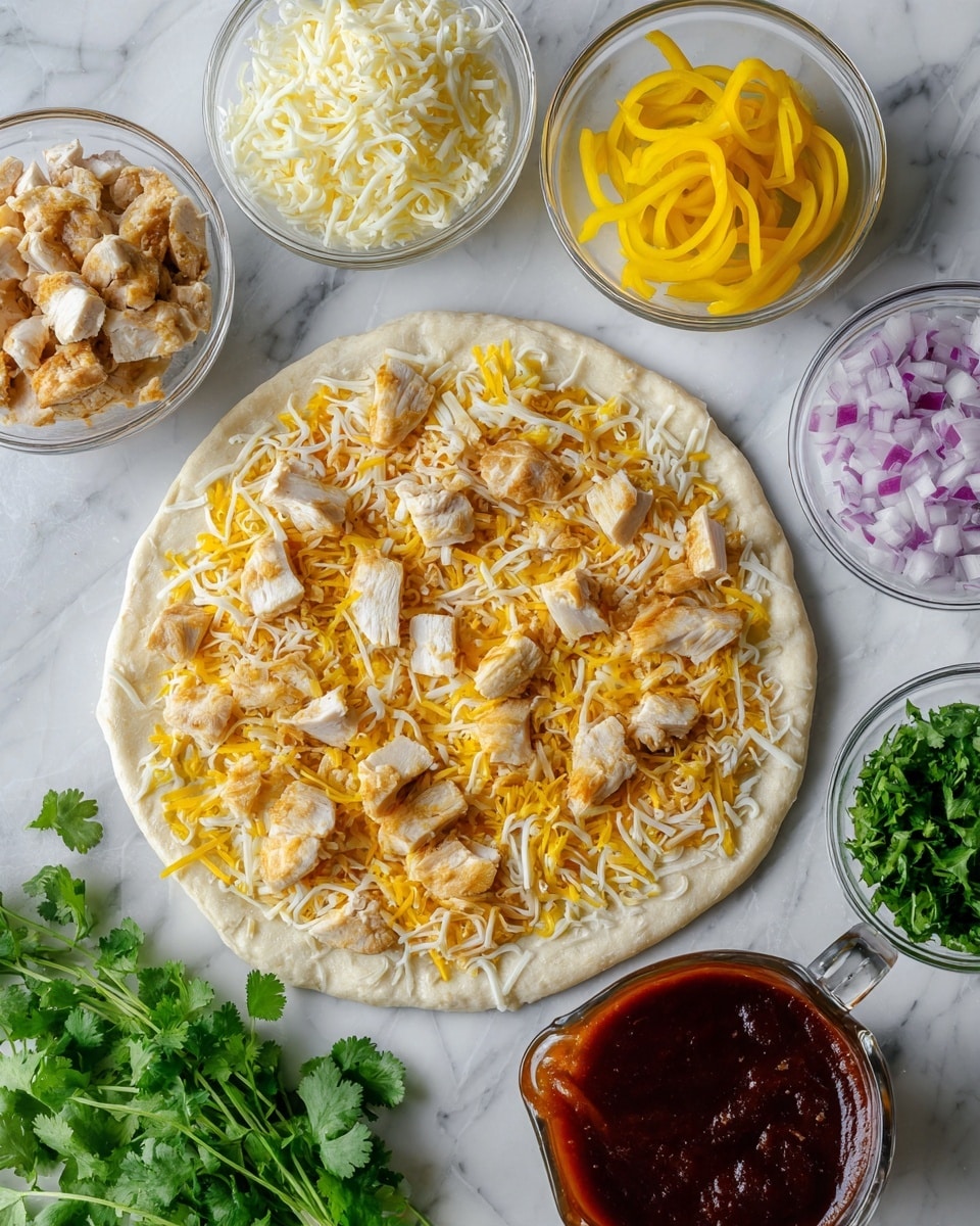 A white pizza crust is placed in the center on a white marbled surface. Around it, there are five clear glass bowls; one bowl at the top left contains a mix of shredded yellow and white cheese, the top center bowl holds sliced yellow pepper rings, the top right bowl has small pieces of chopped purple onions, the bottom left bowl contains cubed cooked chicken, and a measuring glass jug to the right is filled with a thick dark red barbecue sauce. A small bunch of fresh green cilantro lies to the bottom left of the pizza crust. Photo taken with an iphone --ar 4:5 --v 7