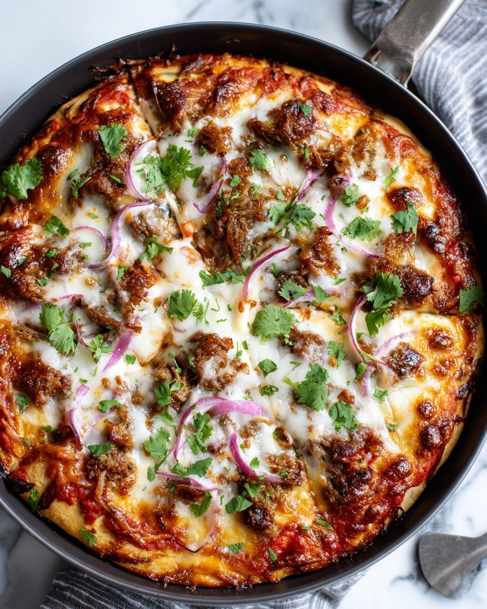 The image shows a round pizza in a black pan on a white marbled surface with a metal pizza cutter nearby. The pizza has multiple layers: a golden-brown crust with bubbly edges forms the base, next is a red tomato sauce layer, followed by melted white cheese spread unevenly in patches across the pizza. Scattered on top are pieces of shredded brown meat, thin slices of red onion, and small green cilantro leaves placed randomly. The texture is a mix of soft melted cheese and slightly crispy meat and onions. Photo taken with an iphone --ar 4:5 --v 7