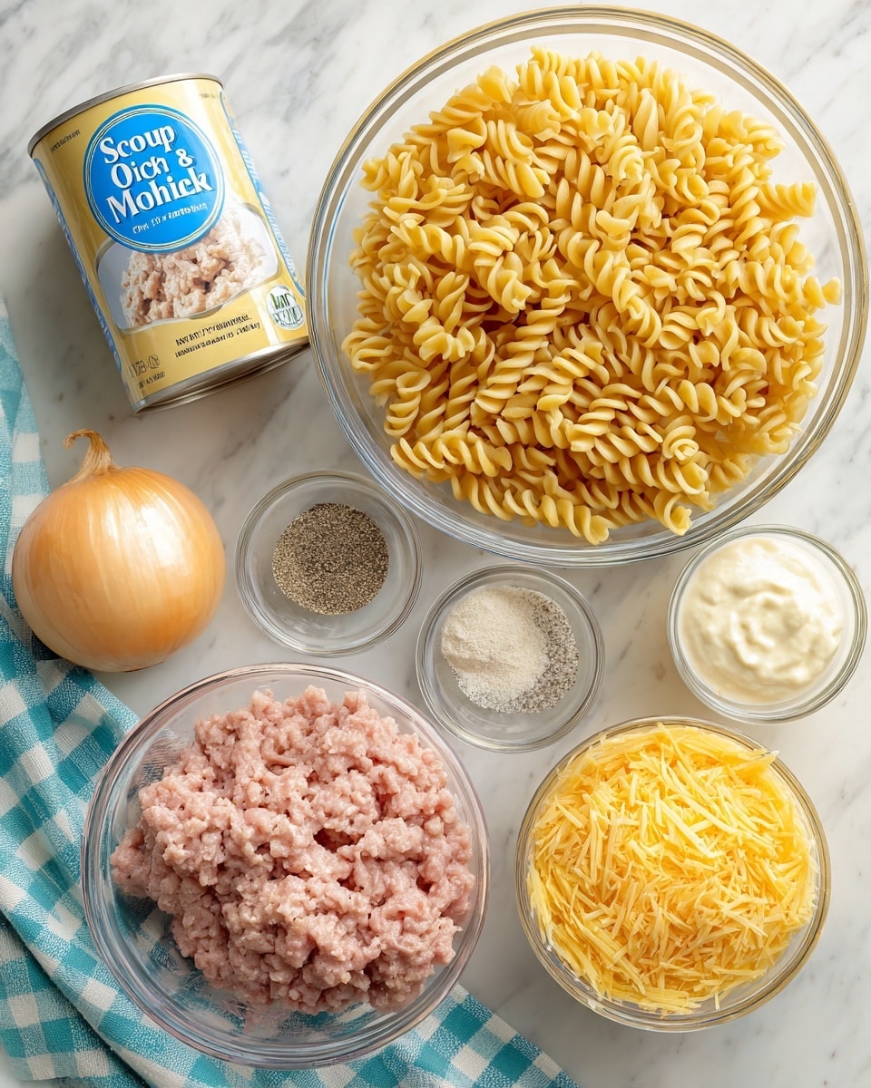 A top-down view of several cooking ingredients arranged on a white marbled surface with a checkered cloth nearby. There is a large clear glass bowl filled with uncooked spiral egg noodles showing a golden yellow color and a slightly rough texture. Below that, a medium clear glass bowl holds raw ground meat mixed with some fat, showing pink and light beige tones. To the right, a small clear glass bowl contains a creamy white substance, and next to it is another small clear bowl with a fine mix of black and white powders. On the left side, a whole yellow onion rests next to a can of tomato sauce with a blue label and a pastel yellow packet labeled