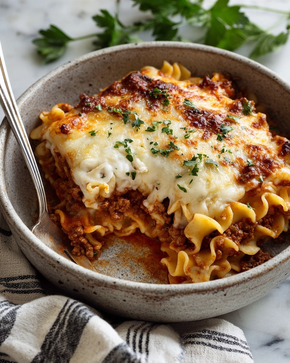 A close-up view of a bowl filled with baked pasta featuring three main layers: the bottom layer is tender wide egg noodles mixed with a thick tomato and ground meat sauce colored in warm orange and brown tones; the middle layer has creamy white melted cheese evenly spread over the pasta, with some browned edges; the top layer is golden-brown baked cheese and small parsley leaves sprinkled for green accents. The bowl is rustic with grey and speckled light brown colors and a silver fork resting inside. The background has a white marbled surface, a striped cloth, and a fresh parsley leaf nearby. photo taken with an iphone --ar 4:5 --v 7