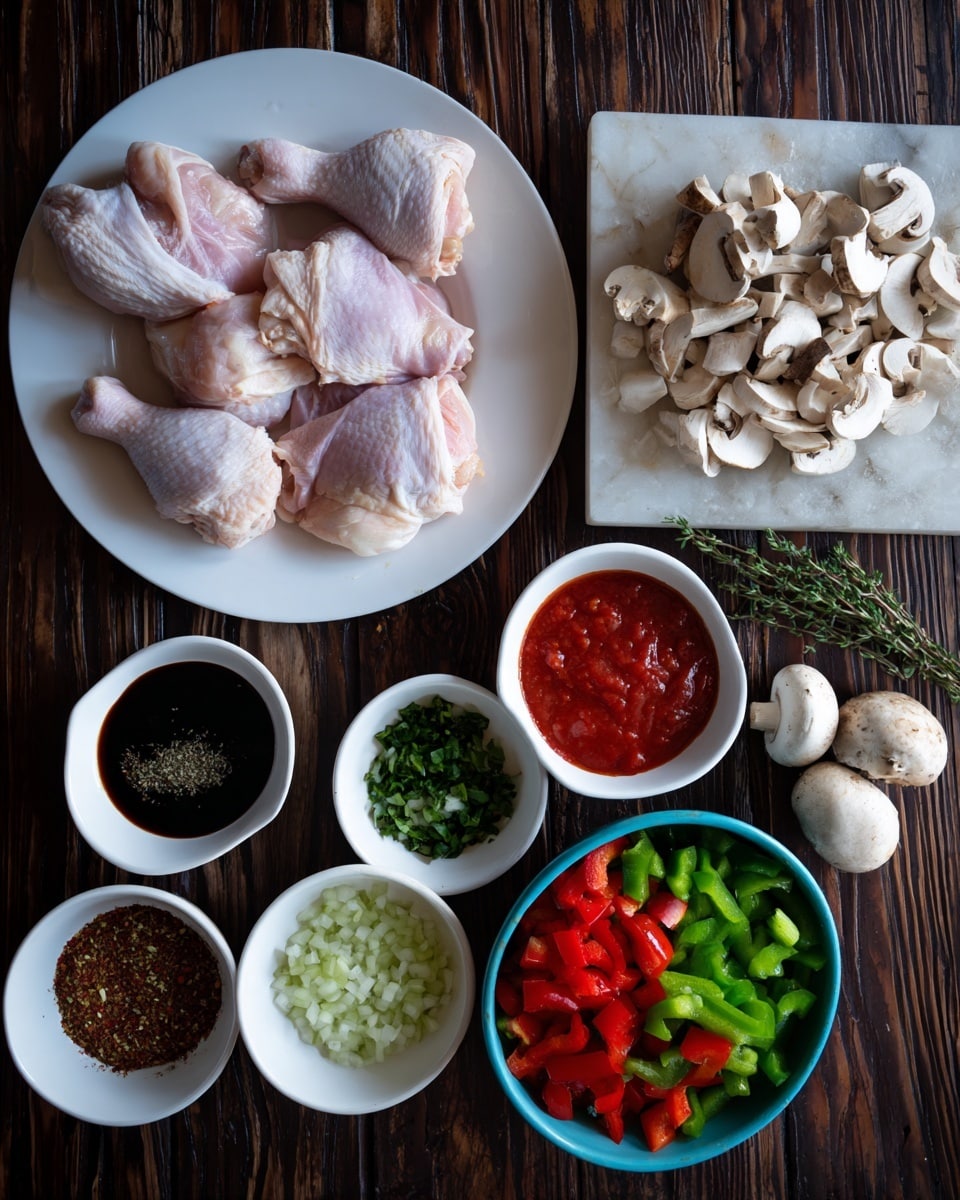 The image shows several ingredients arranged on a dark wooden surface with a white marbled texture. On the left, there is a white plate with raw chicken thighs, pinkish in color with skin on. Above the center, there are three small white bowls containing finely chopped white onions, green chopped herbs, and diced light green vegetables. Below those are three more small white bowls: one with dark liquid, one with mixed red and green spices, and one filled with bright red tomato sauce. Next to these bowls is a larger white bowl filled with chopped green and red bell peppers. On the far right, there is a blue container holding sliced white mushrooms. Around the ingredients, there are three garlic cloves and a sprig of green thyme. Photo taken with an iphone --ar 4:5 --v 7