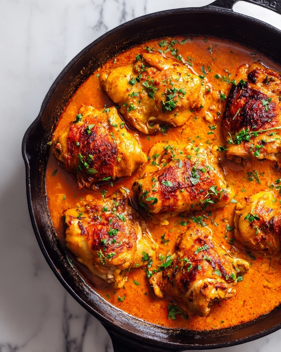 A black cast iron pan filled with several golden brown cooked chicken pieces in a thick orange-red sauce. The chicken pieces are arranged in a single layer, with some showing slightly crispy skin and sprinkled with small green herbs on top. The pan is placed on a white marbled textured surface, with the sauce coating the bottom and partially covering the chicken. Photo taken with an iphone --ar 4:5 --v 7