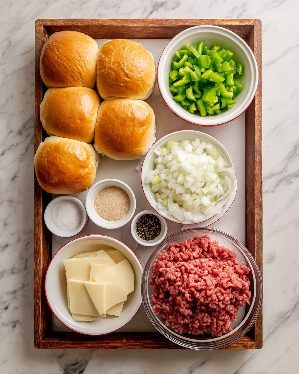 The image shows ingredients for a meal arranged neatly on a white marbled surface. There are six soft golden-brown sandwich rolls placed on a wooden tray on the left side. Next to the rolls, there are three small white bowls with red rims; the top bowl contains chopped green bell peppers, the middle bowl has finely chopped white onions, and the bottom bowl holds several thin pale yellow cheese slices. To the right of these bowls, a larger clear bowl contains red raw ground beef. Around the bowls, there are three small round containers; one holds a pale yellow powder, another has black pepper, and the last contains white salt. The setup is orderly and ready for cooking. Photo taken with an iphone --ar 4:5 --v 7
