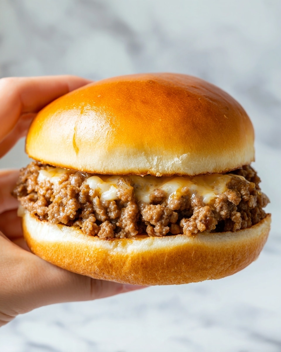 The image shows a close-up of a sandwich held by a woman's hand, with a shiny golden brown top bun and a soft white bottom bun. Between the buns is a thick layer of cooked ground meat mixed with small bits of cooked onions and melted cheese, giving a slightly creamy texture with a mix of brown and light yellow colors. The sandwich looks juicy and well-packed, with some bits of meat and filling peeking out from the sides. The background is a white marbled surface. photo taken with an iphone --ar 4:5 --v 7