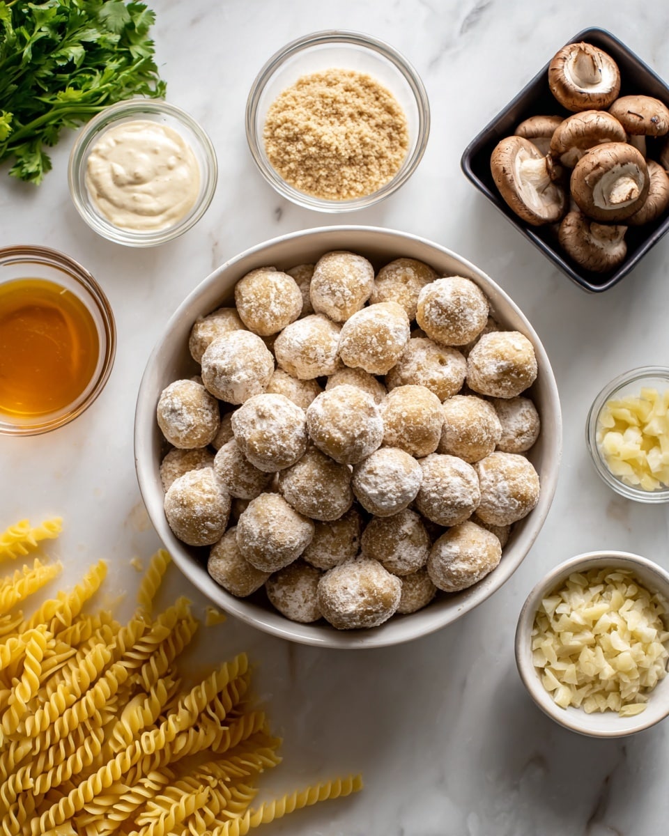The image shows a white bowl filled with many small, round, light beige balls that appear to be lightly coated with flour. Around the bowl, there is a black container filled with sliced brown mushrooms on the right, a small white bowl with a light brown crumbly mixture below it, a small white bowl with minced garlic at the bottom, a small glass bowl filled with a clear amber liquid in the center, a small white container with a creamy white sauce to the left, and a clear bowl with a thicker white sauce above it. Uncooked yellow spiral pasta is spread loosely on the white marbled surface near the bowls, and a bunch of fresh green herbs is placed beside the white bowl near the top left. The photo was taken with an iphone --ar 4:5 --v 7