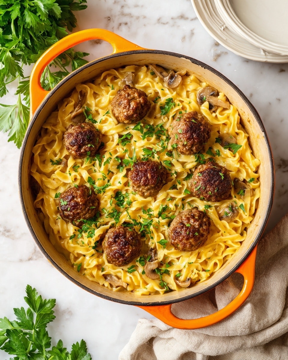 A round pot with two orange handles filled with soft, yellowish egg noodles spread evenly in the base and topped with seven round, brown meatballs. The noodles have a slight sheen and are mixed with small pieces of light beige mushroom. Chopped bright green parsley is sprinkled over the top for color contrast. The pot is placed on a white marbled surface, with fresh parsley leaves scattered nearby, and a white empty plate is visible in the background. A beige cloth napkin is placed on the side near the pot. Photo taken with an iphone --ar 4:5 --v 7