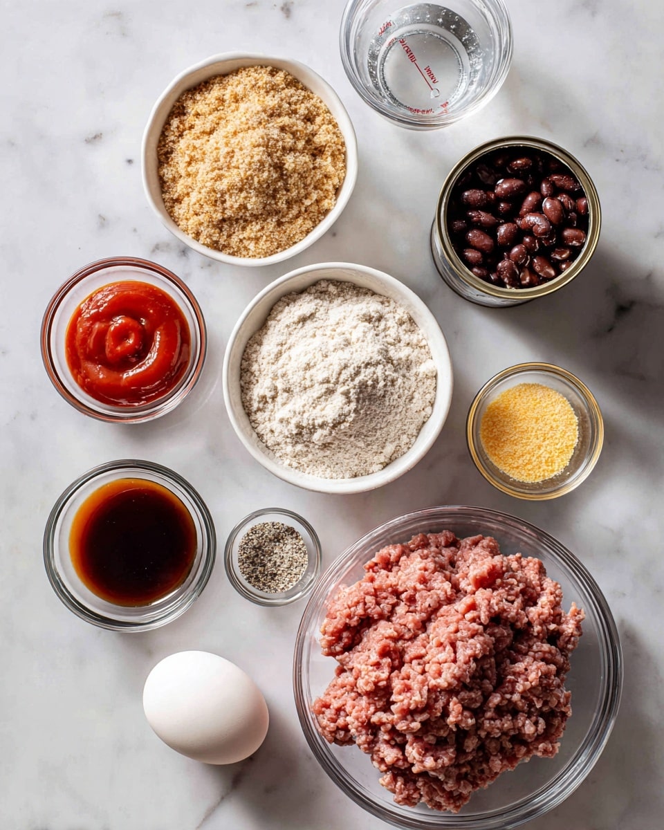 There are eleven containers with different ingredients placed on a white marbled surface. The largest container on the bottom right is a clear bowl filled with raw ground meat, colored pink with some white fat mixed in. Above it, a white bowl is filled with light brown breadcrumbs, fine and crumbly in texture. To the upper right of that is an opened can showing dark brown baked beans. Next to it is a clear measuring cup with a little water. Below the breadcrumbs is a small clear bowl with bright red ketchup, smooth and thick. Below the ketchup is a small bowl holding a whole white egg. To the left of the egg is a small bowl with a glossy, dark brown liquid. Above it, and going clockwise, small clear bowls hold pale yellow powder, a mix of black and white ground pepper, white powder (possibly starch), and some sparkling white salt. All containers are neat and organized, casting soft shadows on the marble surface. photo taken with an iphone --ar 4:5 --v 7