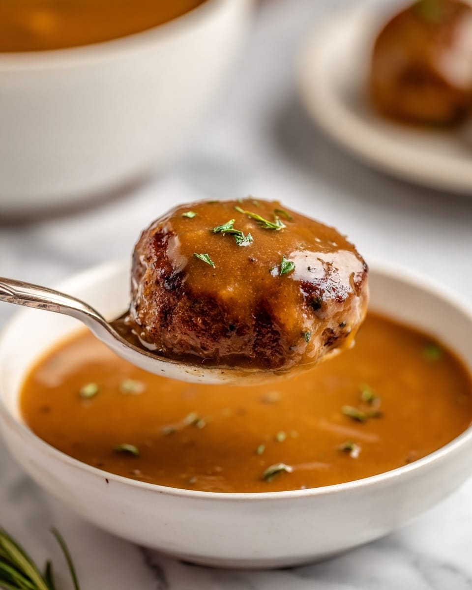 A close-up image shows a round meat patty covered in thick brown gravy with a slightly shiny surface. The gravy looks smooth with some bits, and green herb flakes are sprinkled on top. The patty is held on a white spoon above a white bowl filled with more of the same brown gravy. The background has a soft focus with more brown gravy visible. The whole scene is set on a white marbled surface. photo taken with an iphone --ar 4:5 --v 7