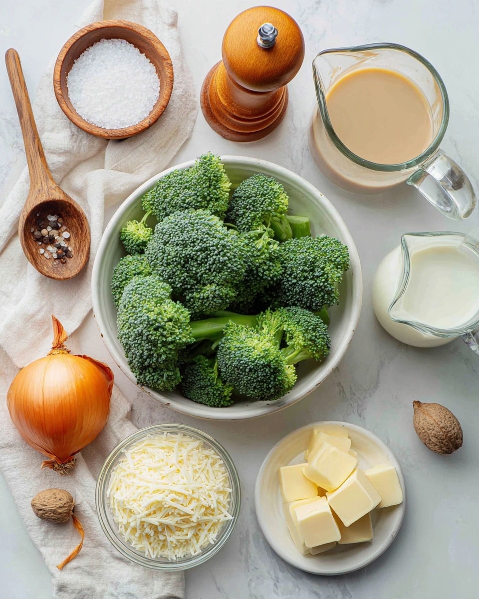 A white bowl filled with fresh green broccoli florets is placed in the center on a white marbled surface; surrounding it are various ingredients including a small wooden bowl with coarse salt, a wooden pepper grinder, a clear glass container holding light brown broth in the top right corner, and a clear glass jug of white cream next to it. A small white dish with square pieces of butter sits near the bottom right. To the left of the butter, there is a light brown onion and a bright orange carrot laying horizontally. Also present is a glass bowl filled with shredded white cheese, a small white saucer holding a whole nutmeg, and a clear measuring cup of white flour with a small wooden scoop resting on a white cloth. Photo taken with an iphone --ar 4:5 --v 7