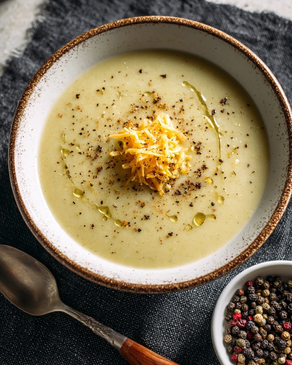 A bowl of thick, creamy soup with a smooth light greenish-yellow color fills the white bowl with a brown speckled rim. On top, there is a small mound of shredded orange cheese placed at the center, lightly sprinkled with black pepper. The soup surface glistens slightly with a thin drizzle of oil. The bowl sits on a dark textured cloth background, with a silver spoon having a wooden handle placed to the right side. Nearby, there is a small white bowl with mixed peppercorns. Photo taken with an iphone --ar 4:5 --v 7