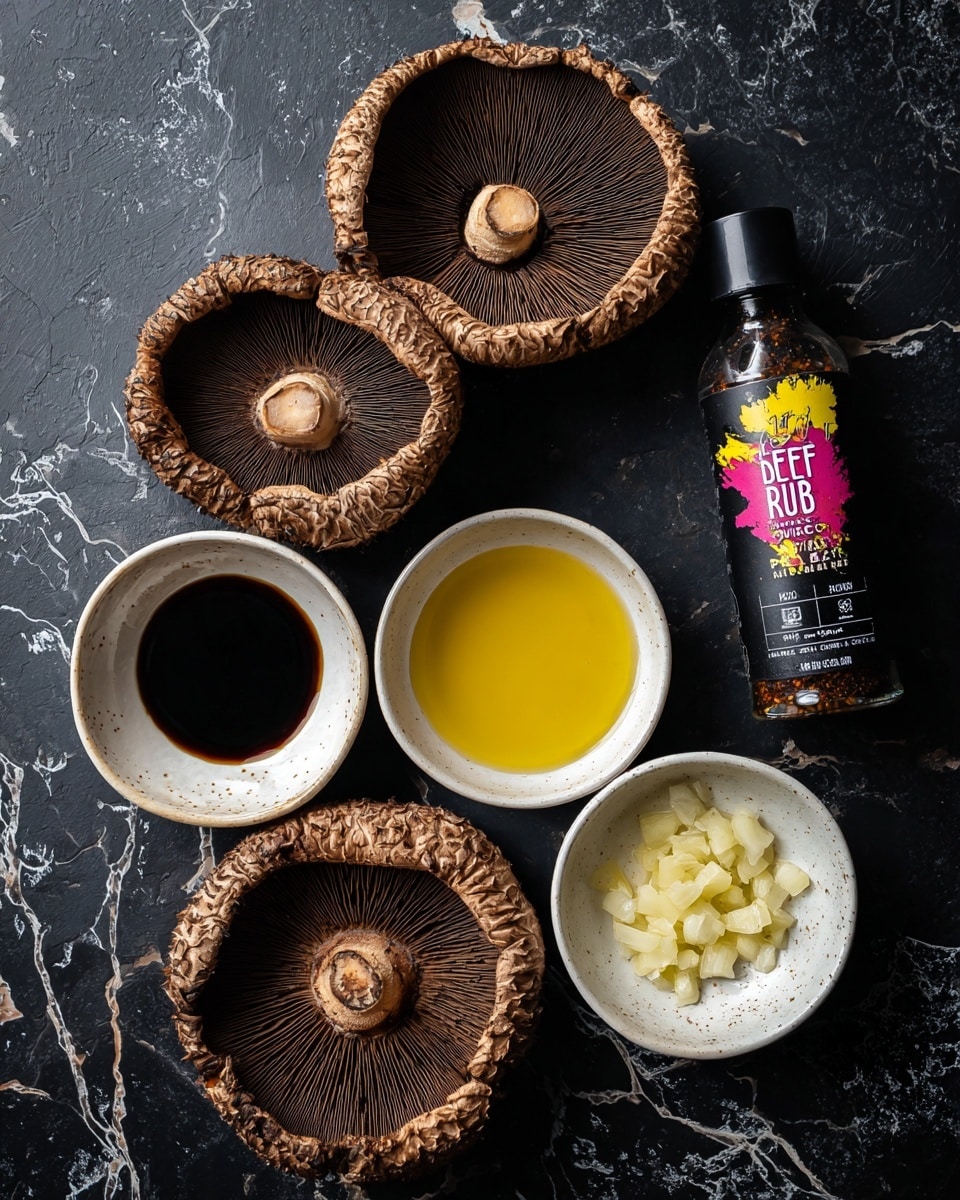 The image shows a close top view of four large brown mushrooms with textured caps, one of which is placed upside down showing its dark gills. Surrounding the mushrooms are four small white bowls: two bowls hold dark soy sauce, one bowl contains a golden yellow liquid, likely oil, and the last bowl has finely chopped pale yellow garlic. To the right of the mushrooms and bowls, there is a bottle of beef rub seasoning with a black label and bright pink and yellow text. Everything is placed on a black textured surface with white veins. photo taken with an iphone --ar 4:5 --v 7