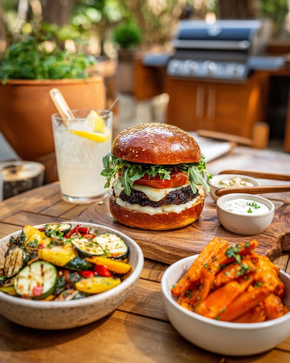 A tall burger sits on a wooden board with a white marbled surface underneath. The burger has a shiny, sesame-topped brown bun on top, with layers of light green leafy arugula, slices of bright red tomato, melted white cheese, and a thick, juicy grilled patty that looks dark brown with char marks. Below the patty, there is a layer of greens and a bottom brown bun. To the left of the burger, there is a white bowl filled with colorful grilled vegetables including green zucchini, yellow squash, and red peppers, all sprinkled with herbs. To the right, there is another white bowl filled with orange roasted carrot sticks, garnished with herbs. Two small white dishes with creamy white sauces and wooden spoons are placed beside the burger. A tall glass of water with lemon slice and wooden straw sits in the background, all set on a wooden outdoor table with plants and a grill in soft focus behind it. Photo taken with an iphone --ar 4:5 --v 7