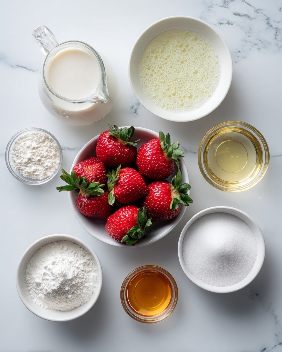 The image shows seven white bowls and a small glass jug arranged on a white marbled surface. One bowl contains whole, fresh strawberries with green leaves on top, positioned centrally. To its top left is a small glass jug filled with white milk. Surrounding the strawberries are other white bowls: one with a pale yellow liquid with bubbles on top, another with fine white powder, a smaller bowl with a tiny amount of white granules, one with clear golden liquid, and the largest bowl filled with white granulated sugar. The bowls are neat and spaced evenly, creating a fresh and clean look. photo taken with an iphone --ar 4:5 --v 7