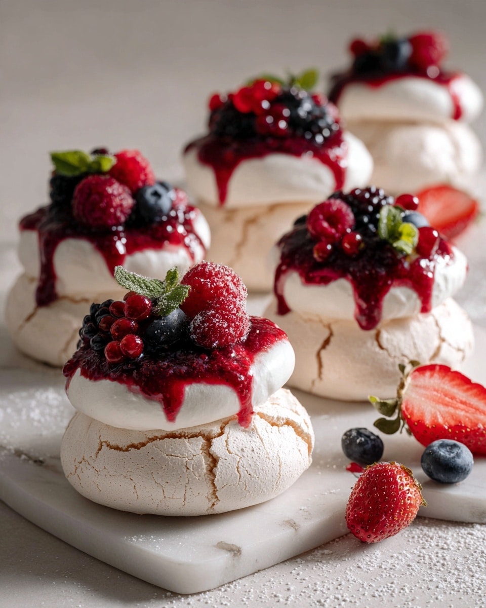 The image shows five small round pavlovas on a white marbled surface. Each pavlova has two distinct layers: a rough, light beige meringue base with a cracked texture, topped with a thick layer of white whipped cream. On the cream, there is a bright red berry sauce spread unevenly. The top layer is decorated with a mix of fresh berries including red strawberries, dark blackberries, deep blue blueberries, and small red raspberries. Some berries still have green leaves attached. There are extra berries scattered to the right side on the white marbled surface, including a half-cut strawberry. Light and shadow create contrast, adding to the rich texture of the pavlovas. Photo taken with an iphone --ar 4:5 --v 7
