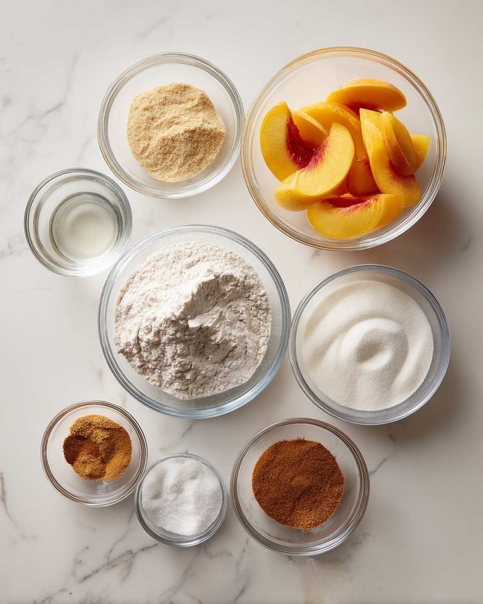 The image shows eight clear glass bowls arranged on a white marbled surface. The largest bowl on the top right holds several bright orange and yellow peach slices with smooth, soft textures. Below it, a medium-sized bowl contains a pile of white flour with a slight indentation in the middle. To the right of the flour bowl is a smaller bowl filled with white granulated sugar. Above the flour bowl is another clear bowl with light brown granular yeast. On the top left side, a small bowl contains a clear liquid. Below that, a tiny bowl holds a white powdery ingredient. Next to it, a small bowl has a mix of brown and orange powdered spices, and beneath that is another tiny bowl with darker brown spice powder. The bowls are spaced evenly with neat piles inside each one. photo taken with an iphone --ar 4:5 --v 7
