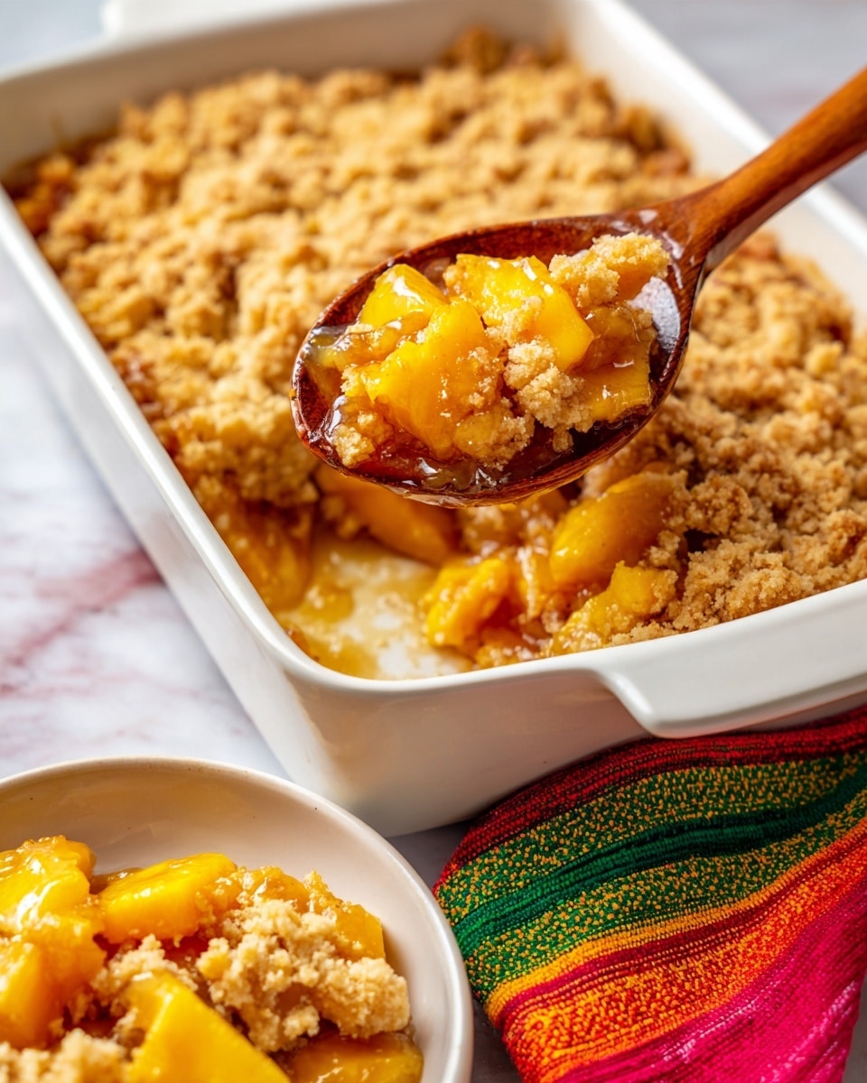 A white rectangular dish filled with a peach cobbler showing a golden brown crust that is cracked open to reveal soft, juicy peach filling underneath. The top crust is uneven and has a slightly crumbly texture with a light brown color. A wooden spoon scoops up a portion from the dish, holding a mix of the crust and bright orange-yellow peach pieces covered in glossy syrup. The dish sits on a surface with a white marbled texture, and a colorful striped cloth with green, red, and orange lines is placed beside it. In the foreground, there is a white bowl with a serving of the peach cobbler. Photo taken with an iphone --ar 4:5 --v 7