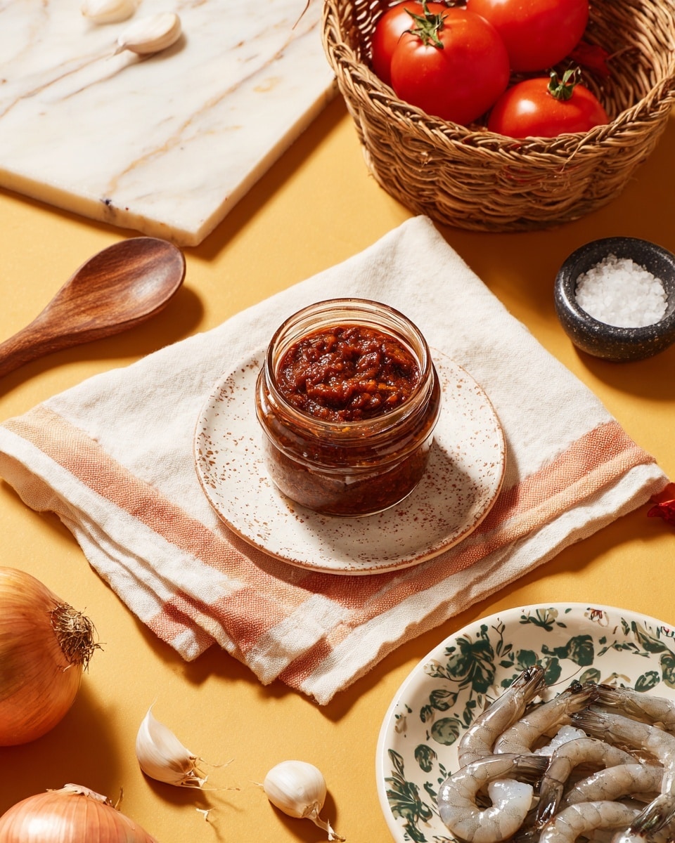 A jar of Gran Luchito Mexicana Chipotle Chili Paste sits in the middle of a small speckled white plate, which rests on a folded white cloth with light orange edges, placed on a yellow background with a white marbled texture. Around it, there are three red tomatoes in a woven basket on the top left, an onion below the basket, and a wooden spoon at the bottom left corner. To the right, a white bowl with green patterns holds raw gray shrimp on crumpled brown paper. Scattered garlic cloves and a small black stone bowl with coarse salt complete the scene. Photo taken with an iphone --ar 4:5 --v 7