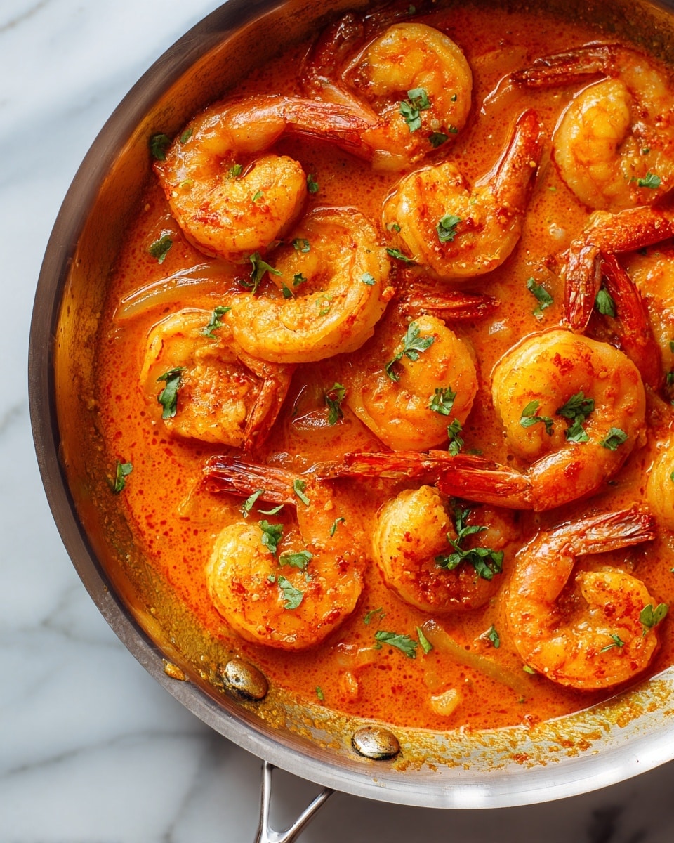 A close-up view of a metal pan filled with cooked shrimp in a thick orange sauce. The shrimp are pinkish-orange with darker red tails, spread evenly throughout the pan. There are soft, translucent onion slices mixed among the shrimp, and small sprigs of fresh green herbs scattered on top. The pan rests on a white marbled surface. The image has warm lighting, highlighting the glossy texture of the sauce and shrimp. photo taken with an iphone --ar 4:5 --v 7