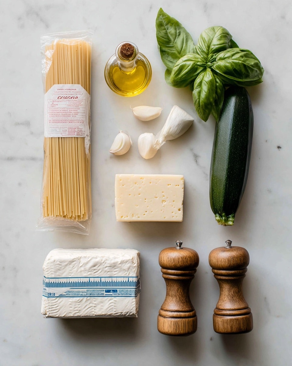 The image shows ingredients for cooking arranged neatly on a white marbled surface. From left to right, there is a package of uncooked spaghetti in white packaging with red and black text, a small clear bottle filled with golden olive oil, a pale creamy rectangular block of butter, a wedge of hard cheese with a rough textured surface in off-white color, two peeled garlic cloves that are white and smooth, a block of cream cheese wrapped with a blue and white ruler-like label, a fresh dark green zucchini, a bunch of fresh green basil leaves with a long stem, and two wooden salt and pepper grinders in natural brown tones with smooth rounded tops. photo taken with an iphone --ar 4:5 --v 7